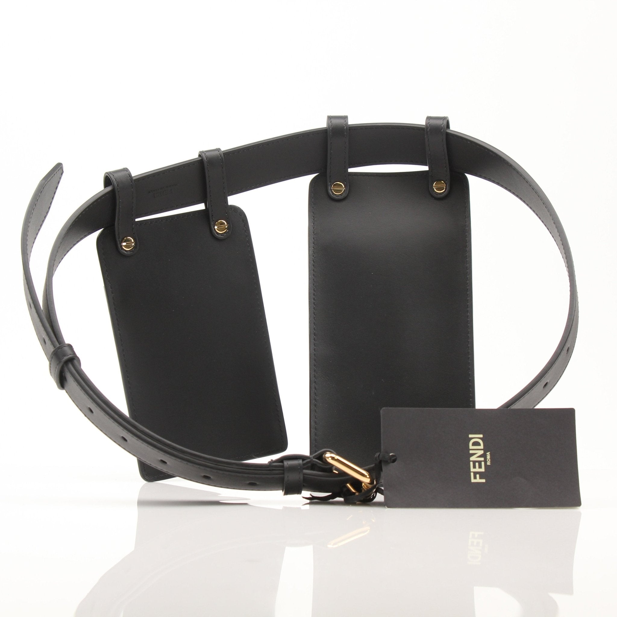 Fendi Double Pouch Belt Bag handbag with gold chain strap and black leather, stylish and compact accessory.