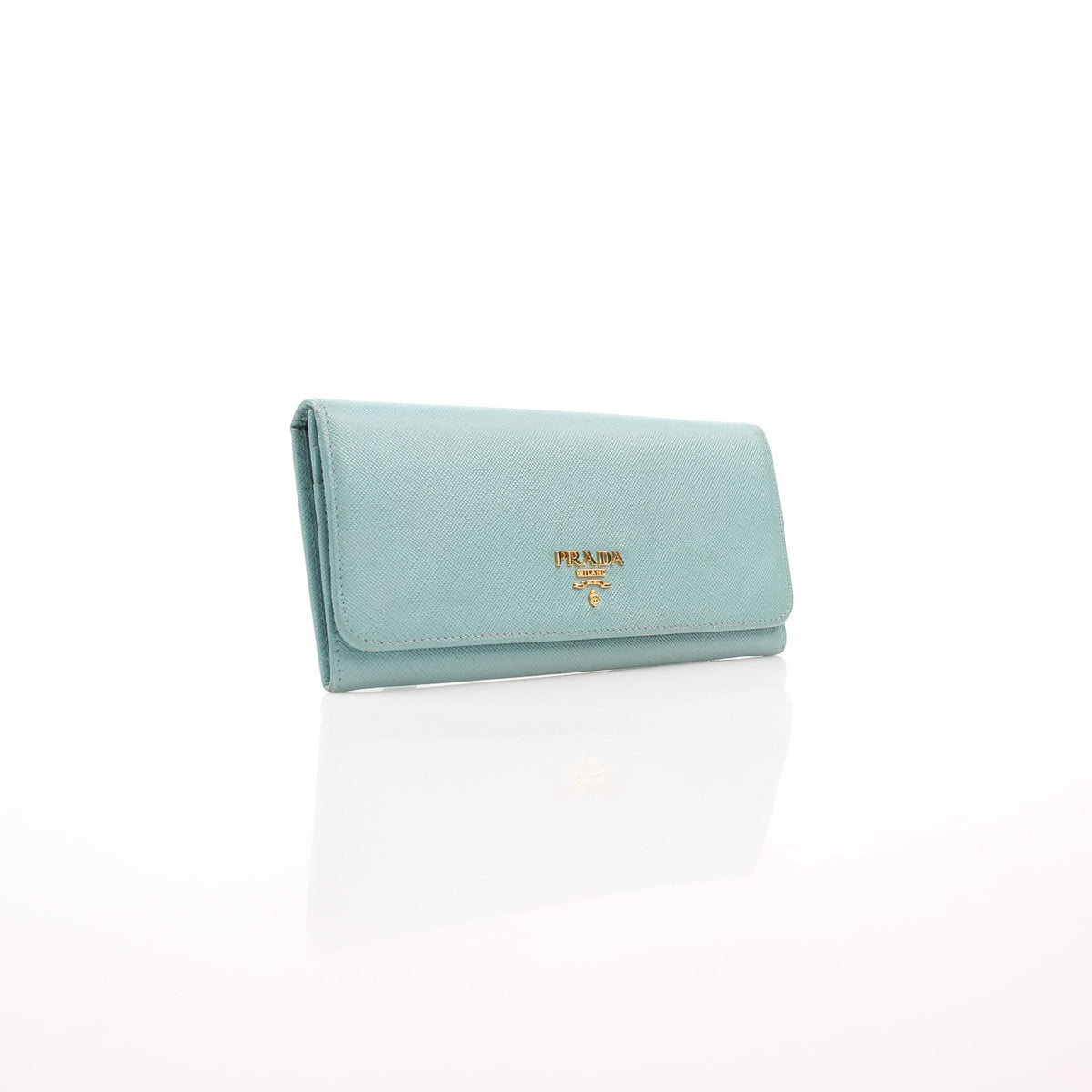 Prada light blue Saffiano leather metal flap envelope wallet by Gold & Beyond