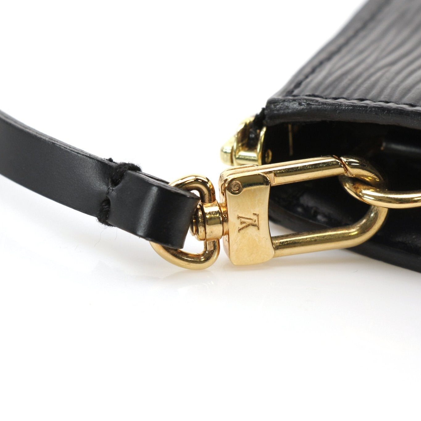 Gold & Beyond Louis Vuitton Pochette handbag with leather strap and classic monogram design on textured material.