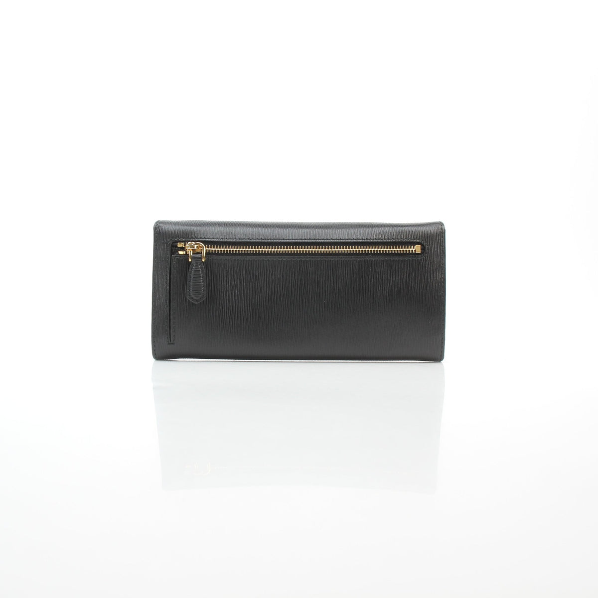Prada black Vitello Move leather flap wallet with sleek foldover design and compact interior compartments