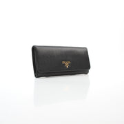 Prada black Vitello Move leather flap wallet by Gold & Beyond, front view with compact flap closure