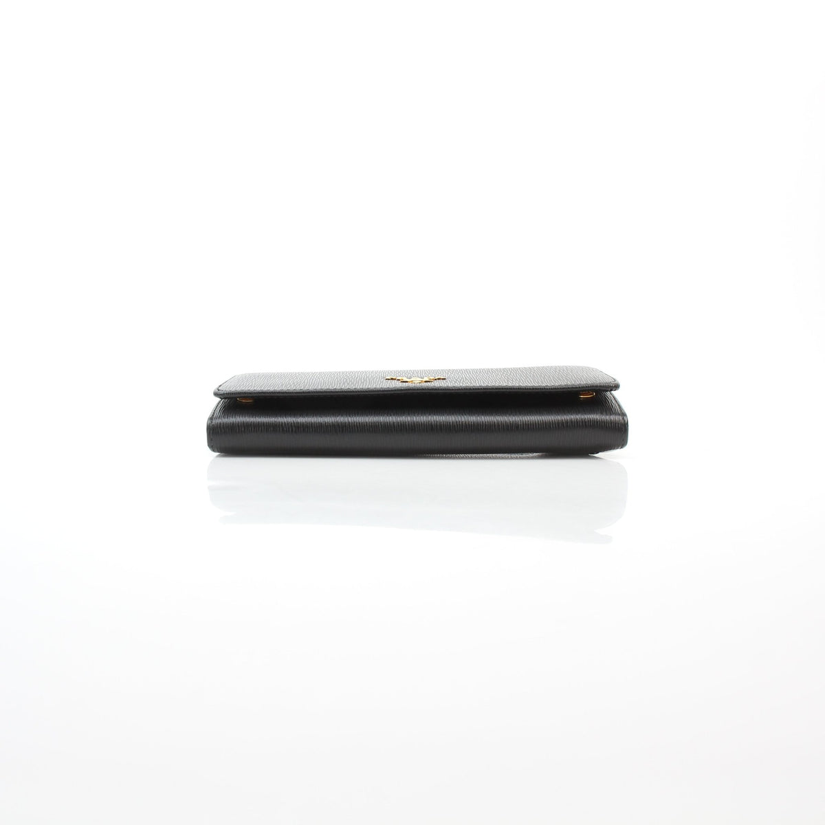 Prada black Vitello Move leather flap wallet, front view with polished metal logo detail