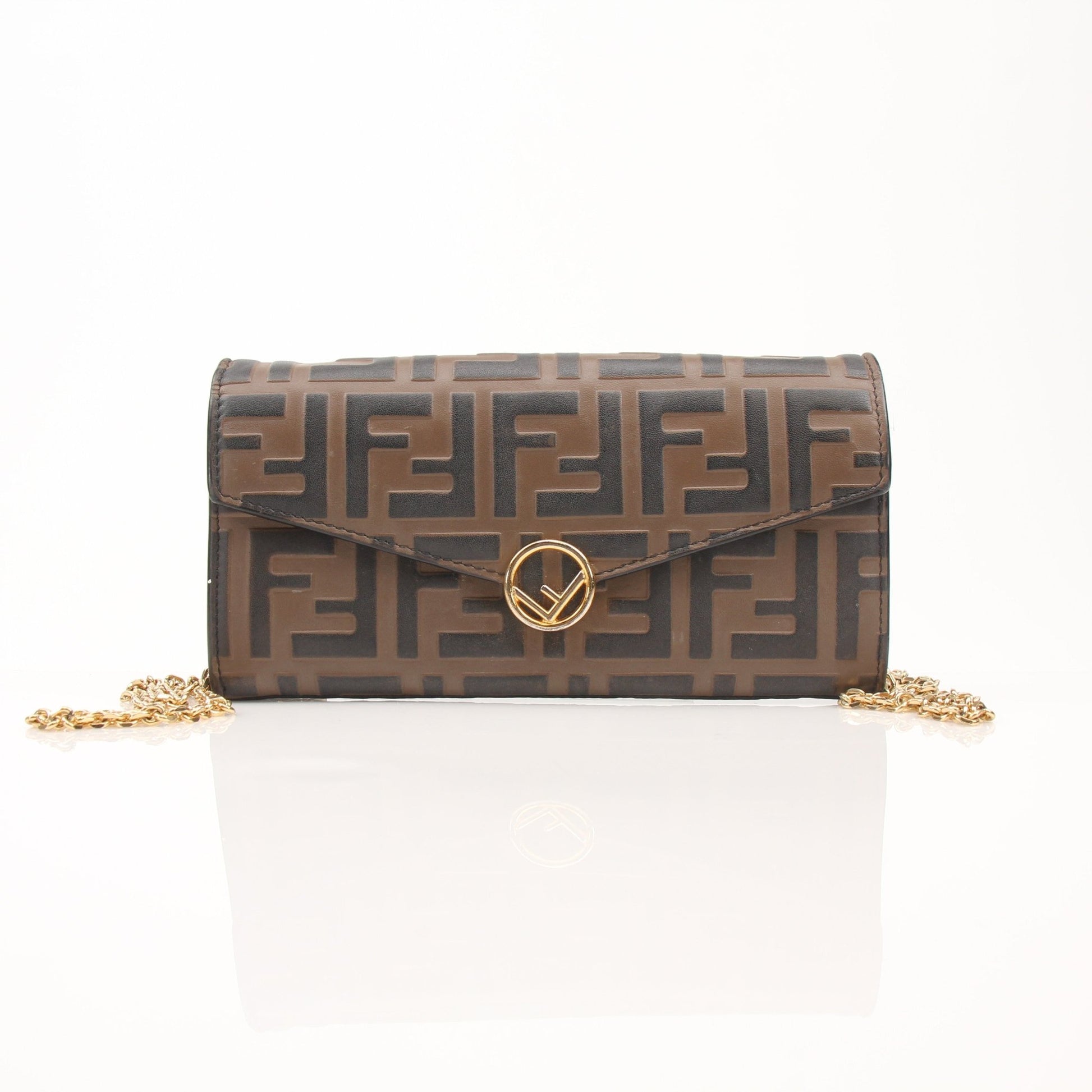Gold & Beyond Fendi Wallet on Chain in black leather with gold hardware and chain strap, featuring compact wallet design.