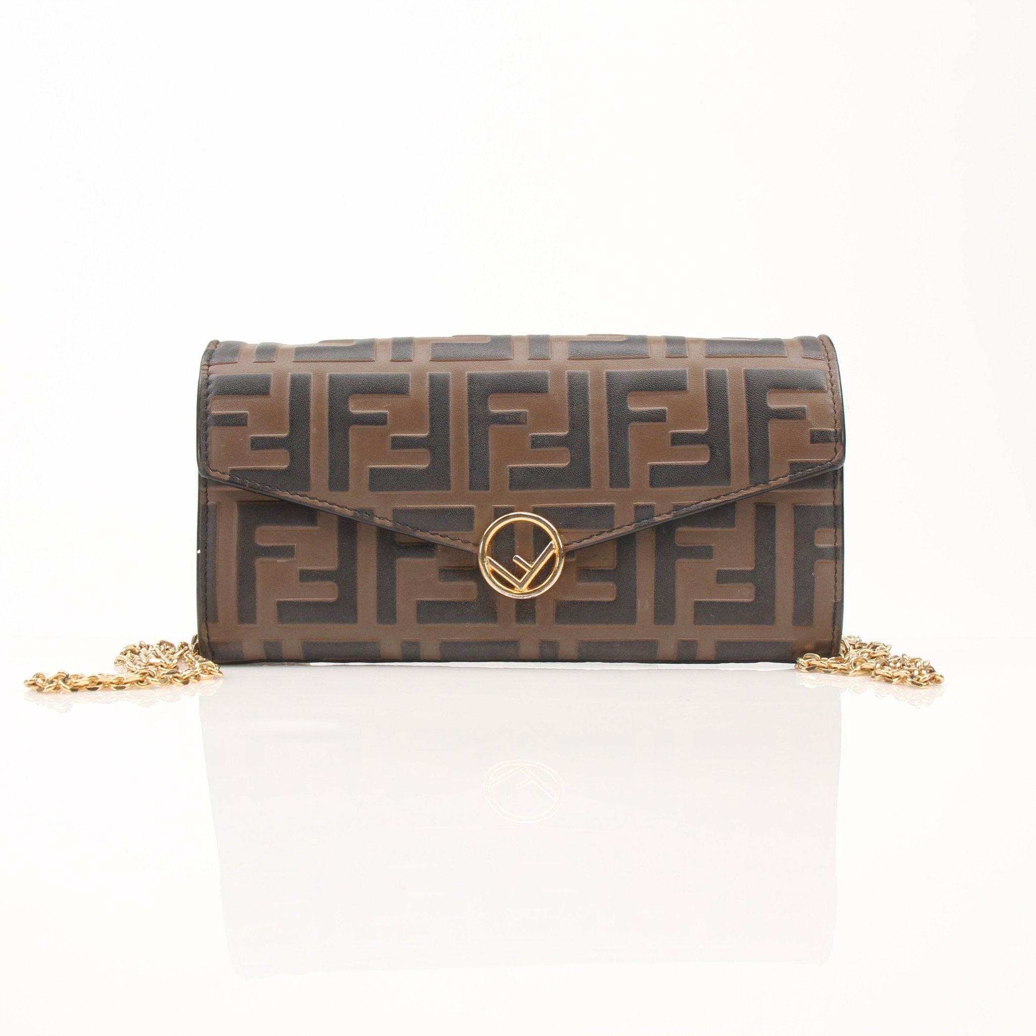 Gold & Beyond Fendi Wallet on Chain in black leather with gold hardware and chain strap, featuring compact wallet design.