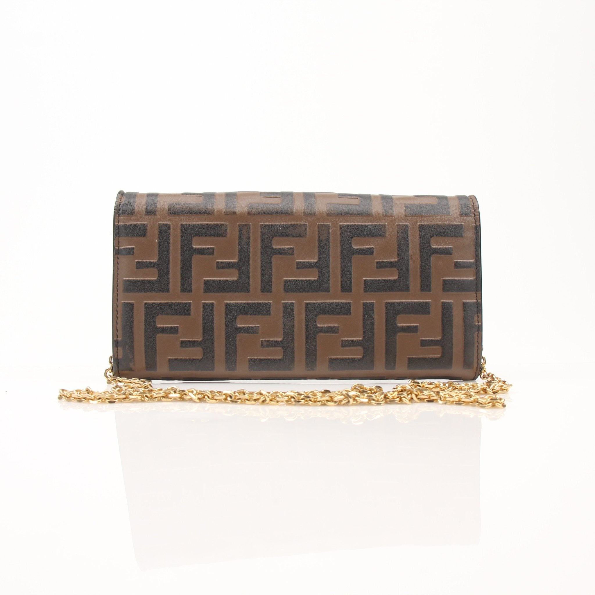 Gold & Beyond Fendi Wallet on Chain, elegant leather wallet with chain strap, featuring classic design and gold-tone accents.