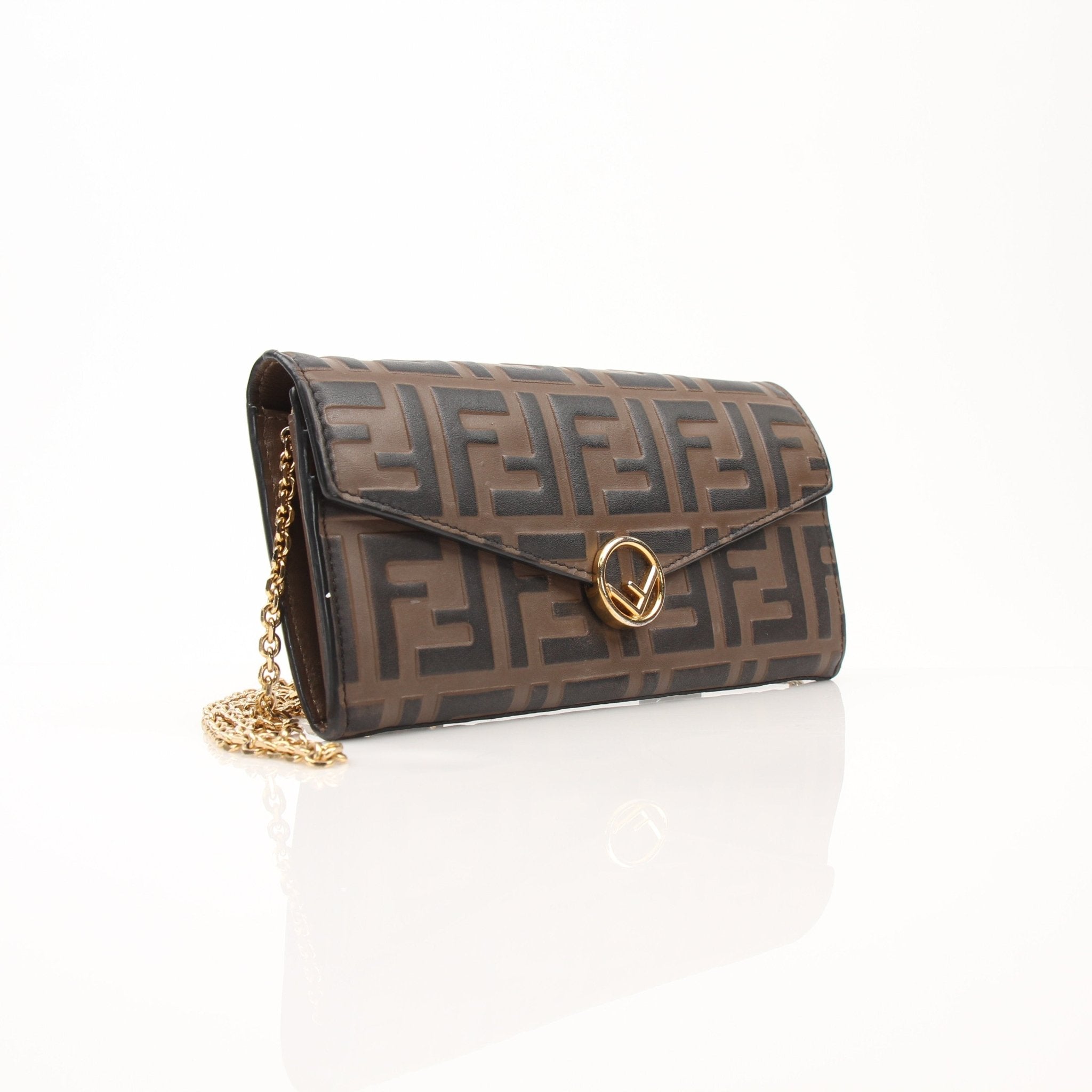 Gold & Beyond Fendi Wallet on Chain in black leather with gold chain strap and embossed logo, stylish and compact accessory.