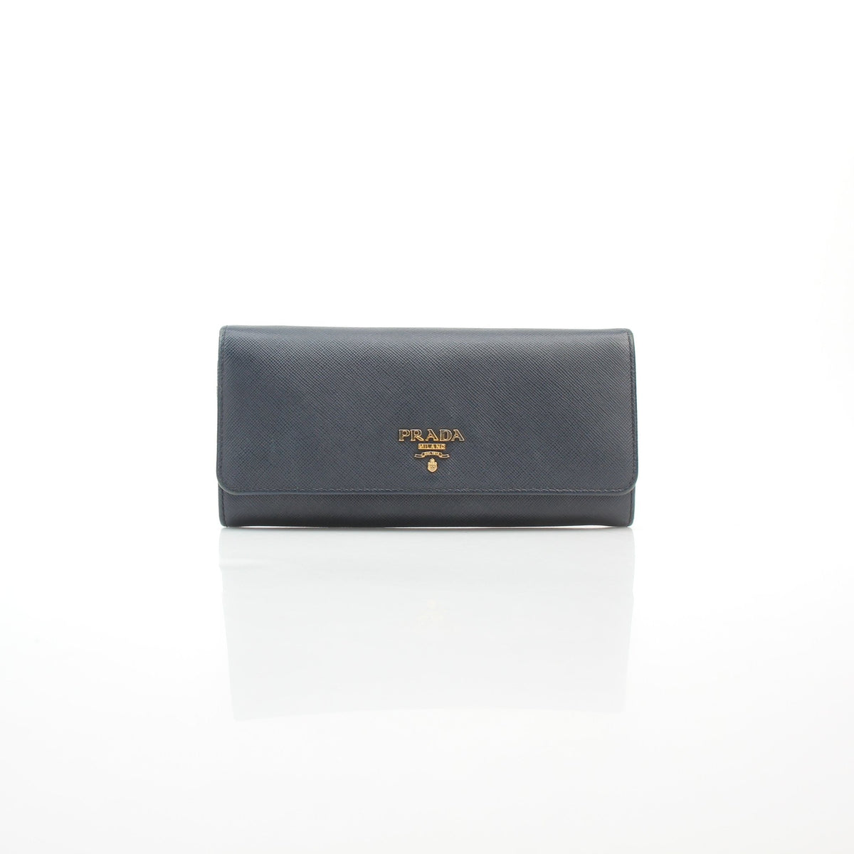 Prada navy blue Saffiano metal flap envelope wallet by Gold & Beyond