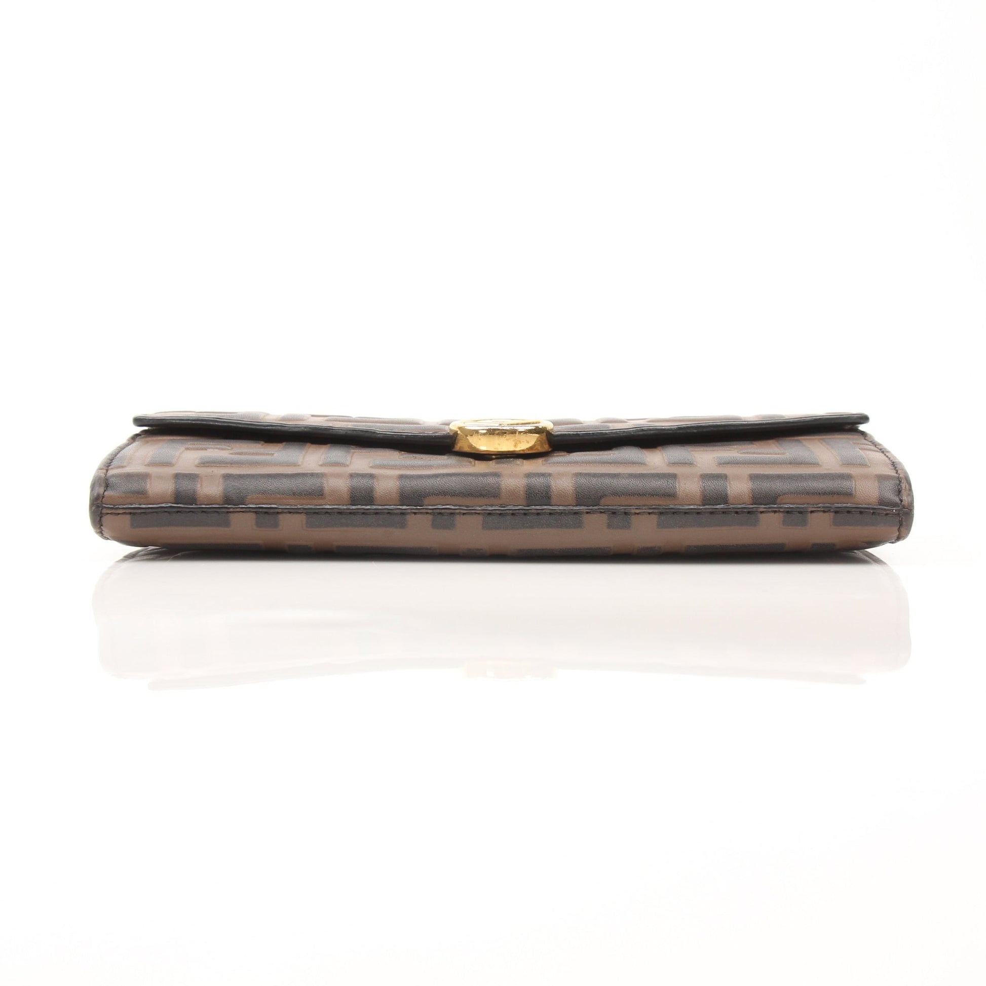 Gold & Beyond Fendi Wallet on Chain in black leather with gold chain strap and logo detailing, stylish and compact accessory.