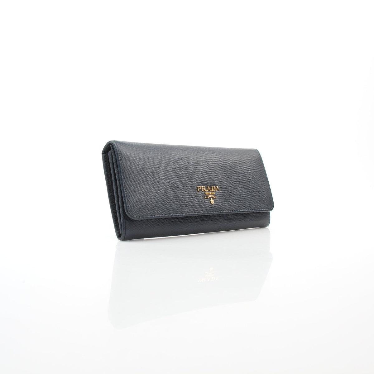 Prada navy blue Saffiano metal flap envelope wallet, front view, by Gold & Beyond