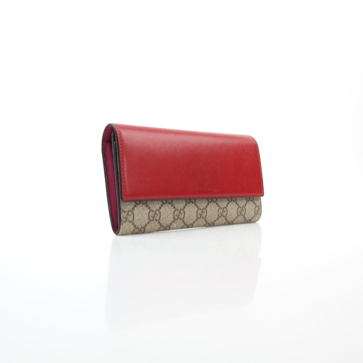 Gucci beige GG Supreme canvas red leather continental flap wallet, front view