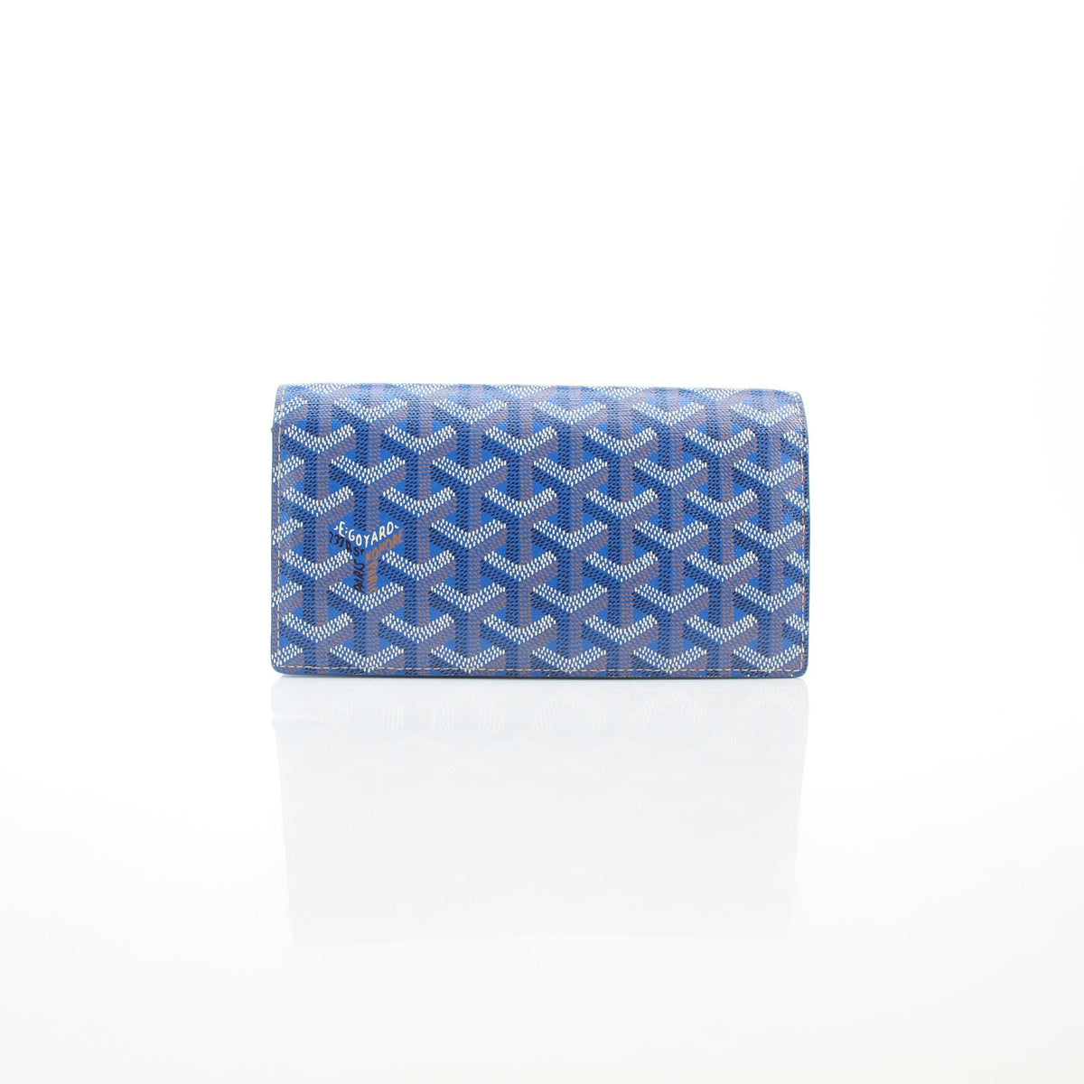 Blue Goyardine Richelieu long flap wallet by Gold & Beyond, shown closed with signature patterned exterior