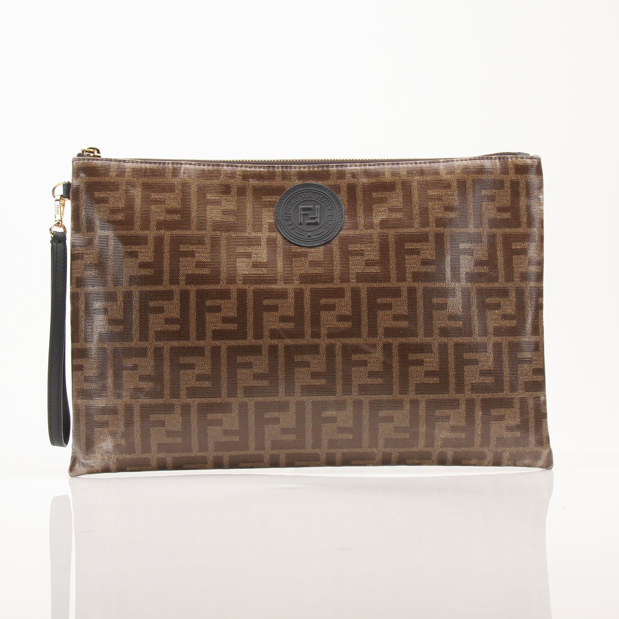 Gold & Beyond Fendi Zucca wristlet with leather trim and zipper closure, showcasing signature monogram pattern and compact design.