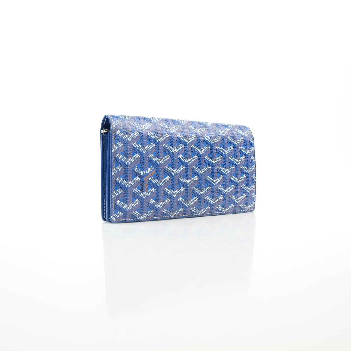 Blue Goyardine Richelieu long flap wallet by Gold & Beyond with patterned exterior and gold-tone snap closure