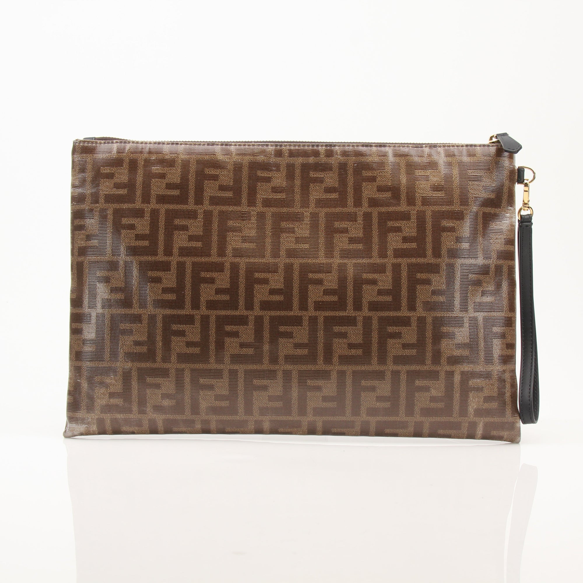 Fendi Zucca leather wristlet by Gold & Beyond, featuring signature monogram pattern and a sleek wrist strap for stylish carrying.