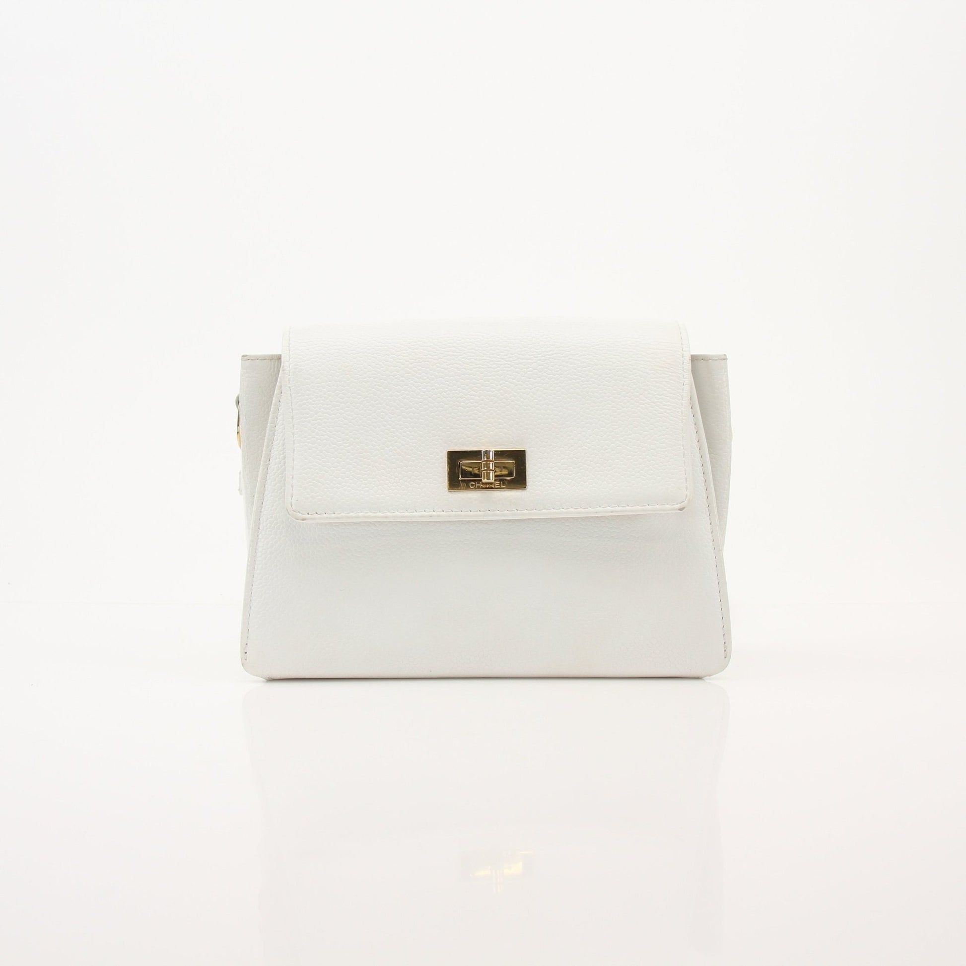 Gold & Beyond Chanel White Caviar Crossbody Handbag with gold chain strap and flap closure, stylish and elegant accessory.