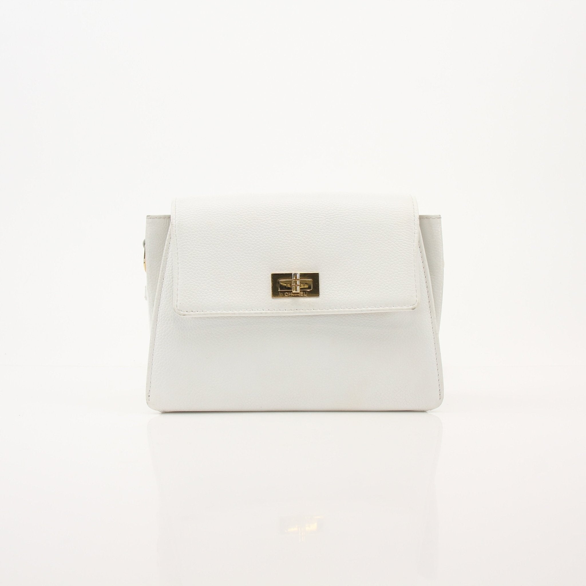 Gold & Beyond Chanel White Caviar Crossbody Handbag with gold chain strap and flap closure, stylish and elegant accessory.