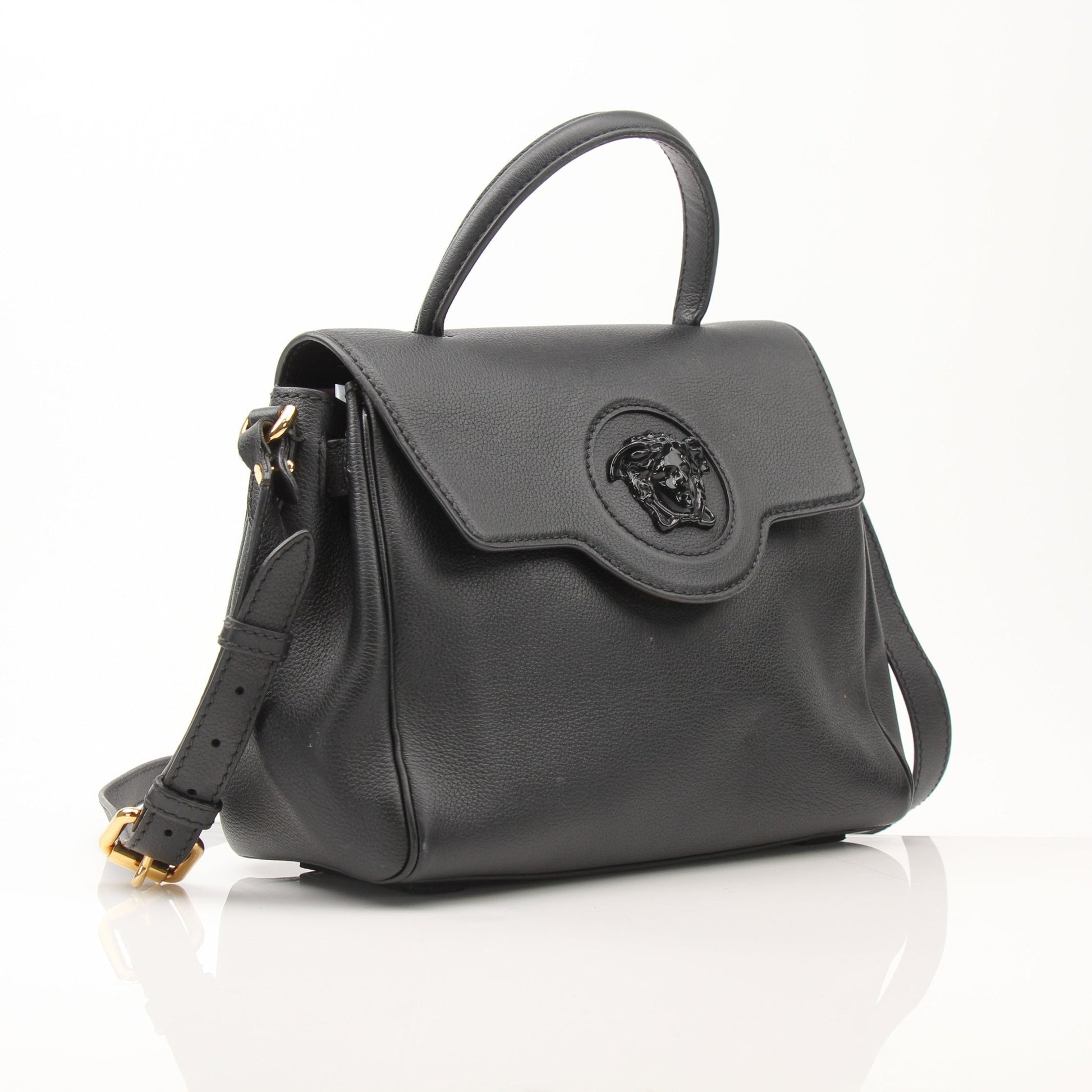Gold & Beyond Versace La Medusa handbag featuring a sleek design, prominent Medusa logo, and stylish gold accents.