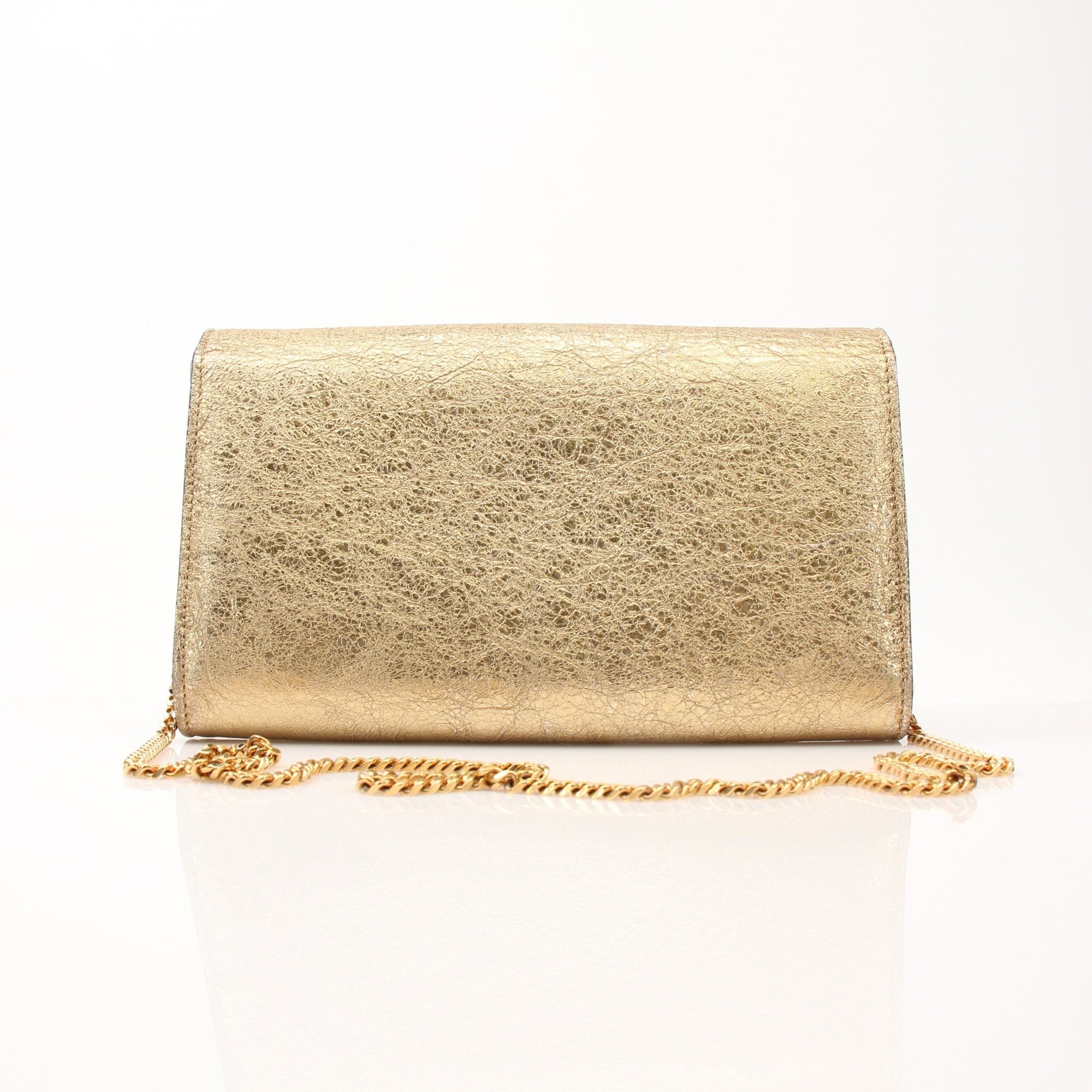 Gold & Beyond Versace Medusa flap chain wallet with gold-tone chain and signature Medusa detail, stylish and compact purse.