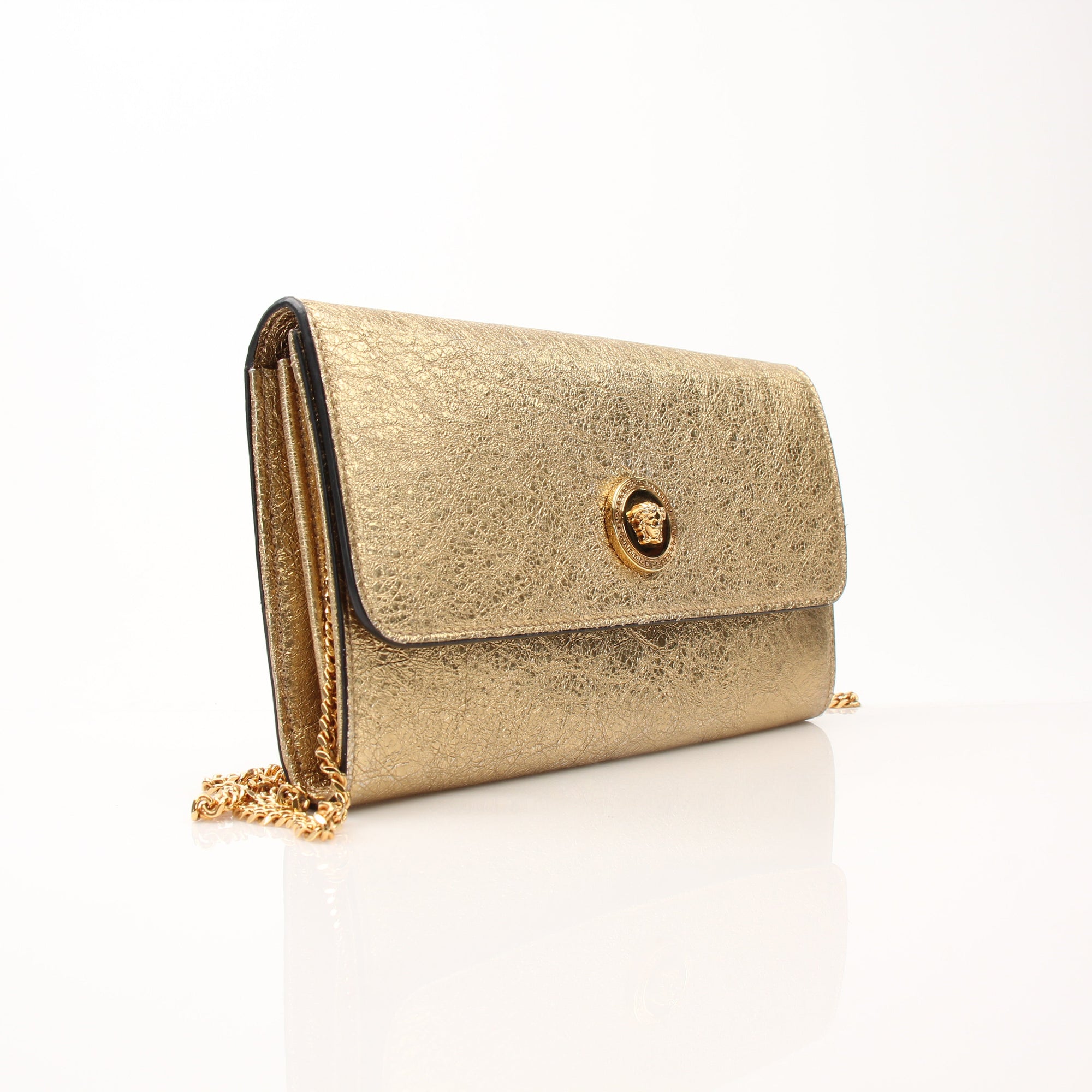 Gold & Beyond Versace Medusa flap chain purse wallet with gold chain and signature Medusa detail, stylish accessory for women.