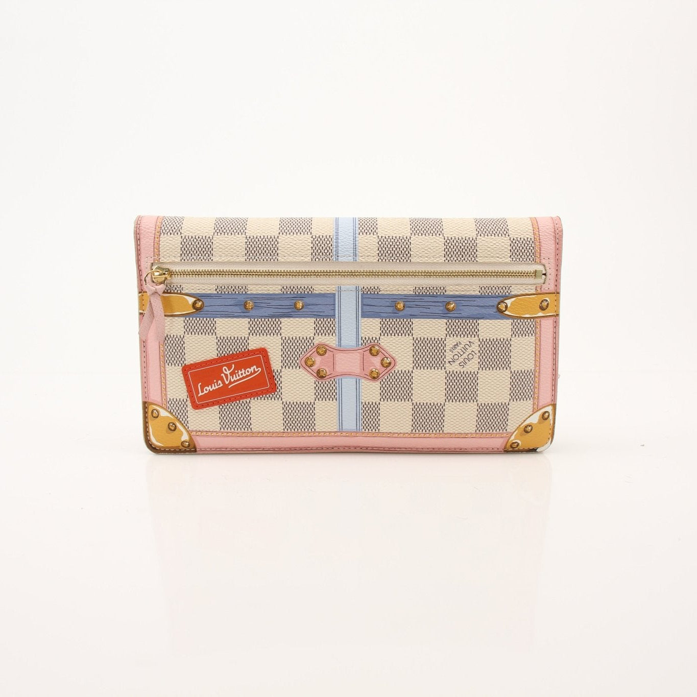 Gold & Beyond Louis Vuitton Summer Trunks Pochette wallet with gold-tone hardware and embossed trunk design, shown on a white background.