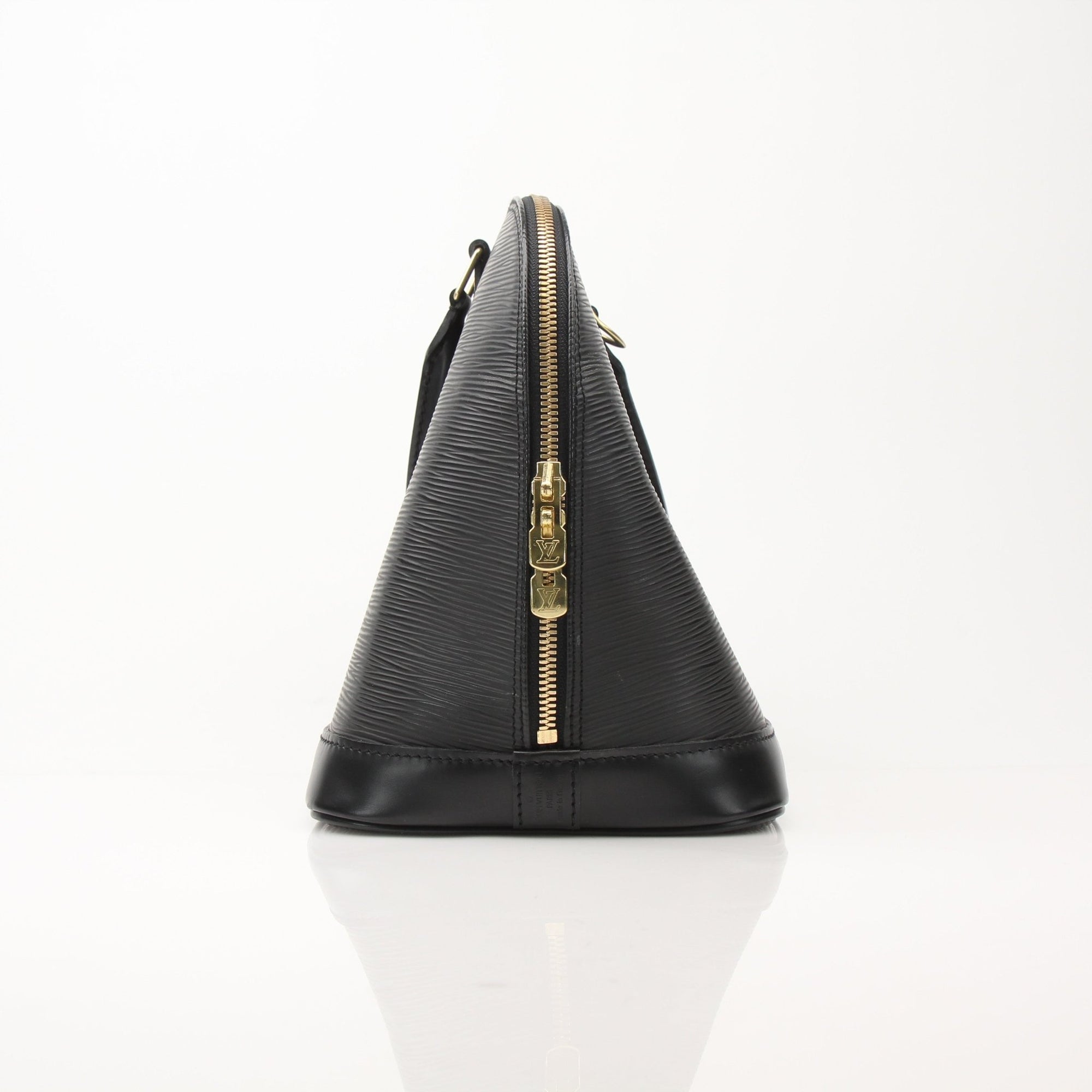 Louis Vuitton Epi Alma PM handbag in elegant black leather with structured shape and double top handles.