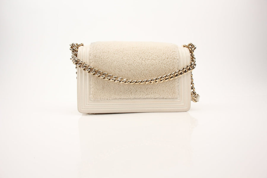 Chanel Medium Le Boy Shearling & Leather Shoulder Bag in Ivory