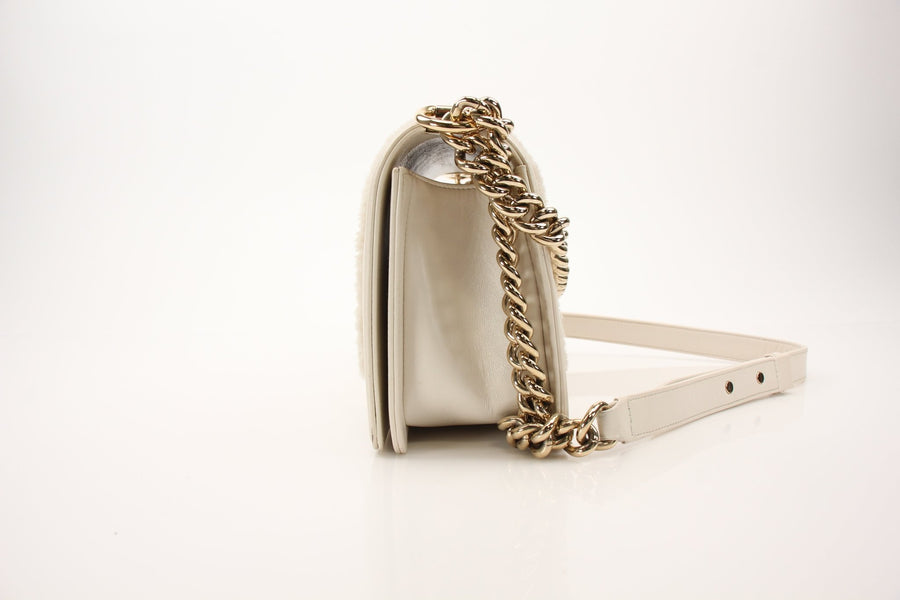 Chanel Medium Le Boy Shearling & Leather Shoulder Bag in Ivory