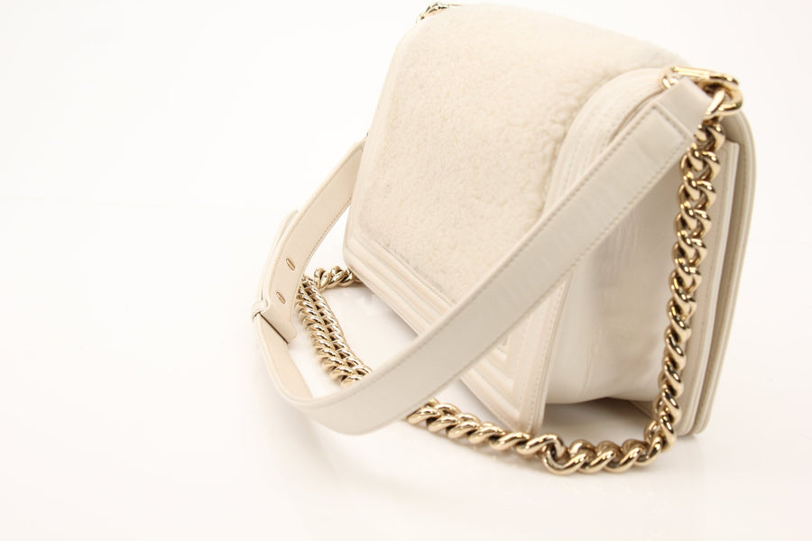 Chanel Medium Le Boy Shearling & Leather Shoulder Bag in Ivory