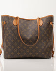 Louis Vuitton Neverfull Monogram tote handbag with leather trim and spacious interior, showcased in a stylish gold and beige design.