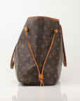 Louis Vuitton Neverfull Monogram tote handbag with brown leather trim and gold-tone hardware, displayed on a neutral background.