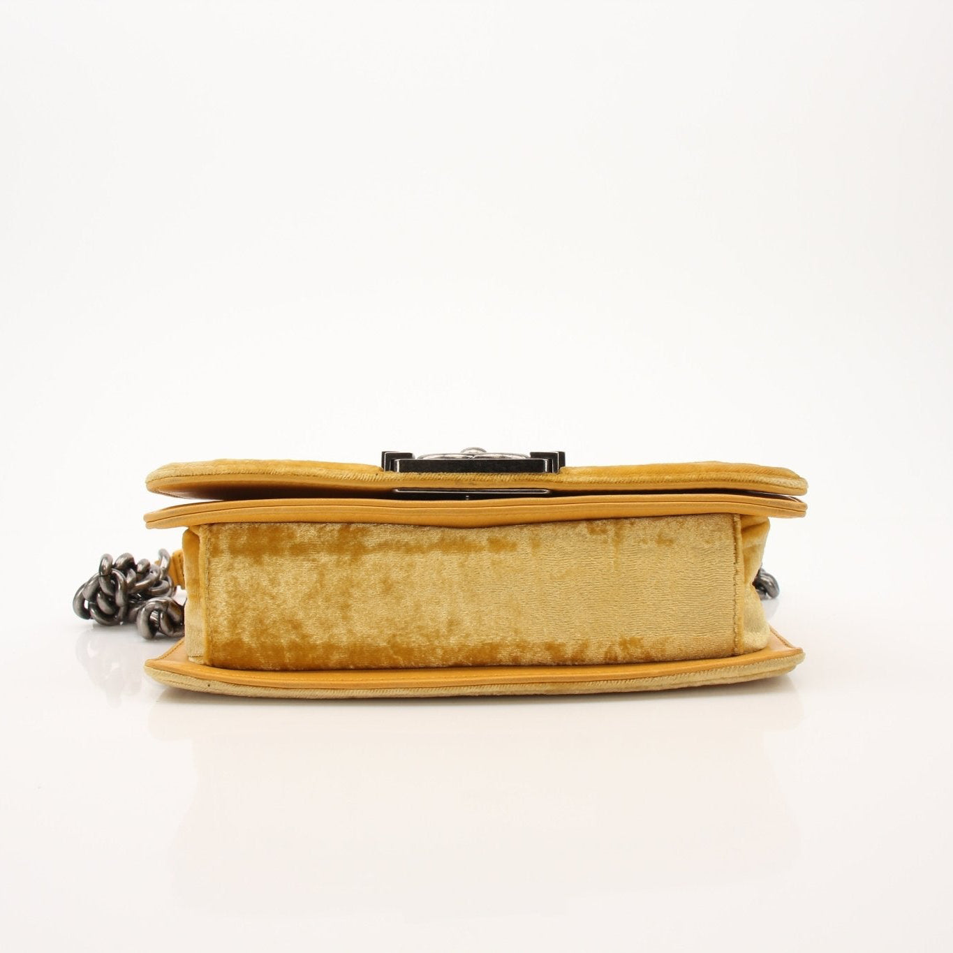 Chanel Small Le Boy Bag in mustard yellow velvet and leather, featuring gold hardware, stylish handbag with chain strap.