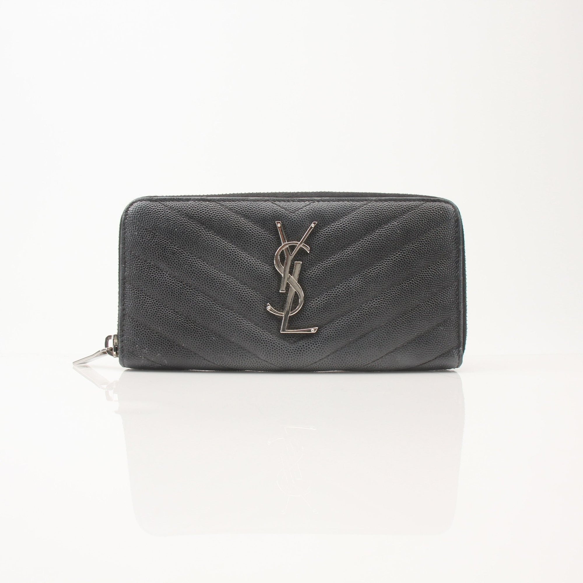Yves Saint Laurent Chevron Wallet in black leather with a quilted design and gold-tone hardware.
