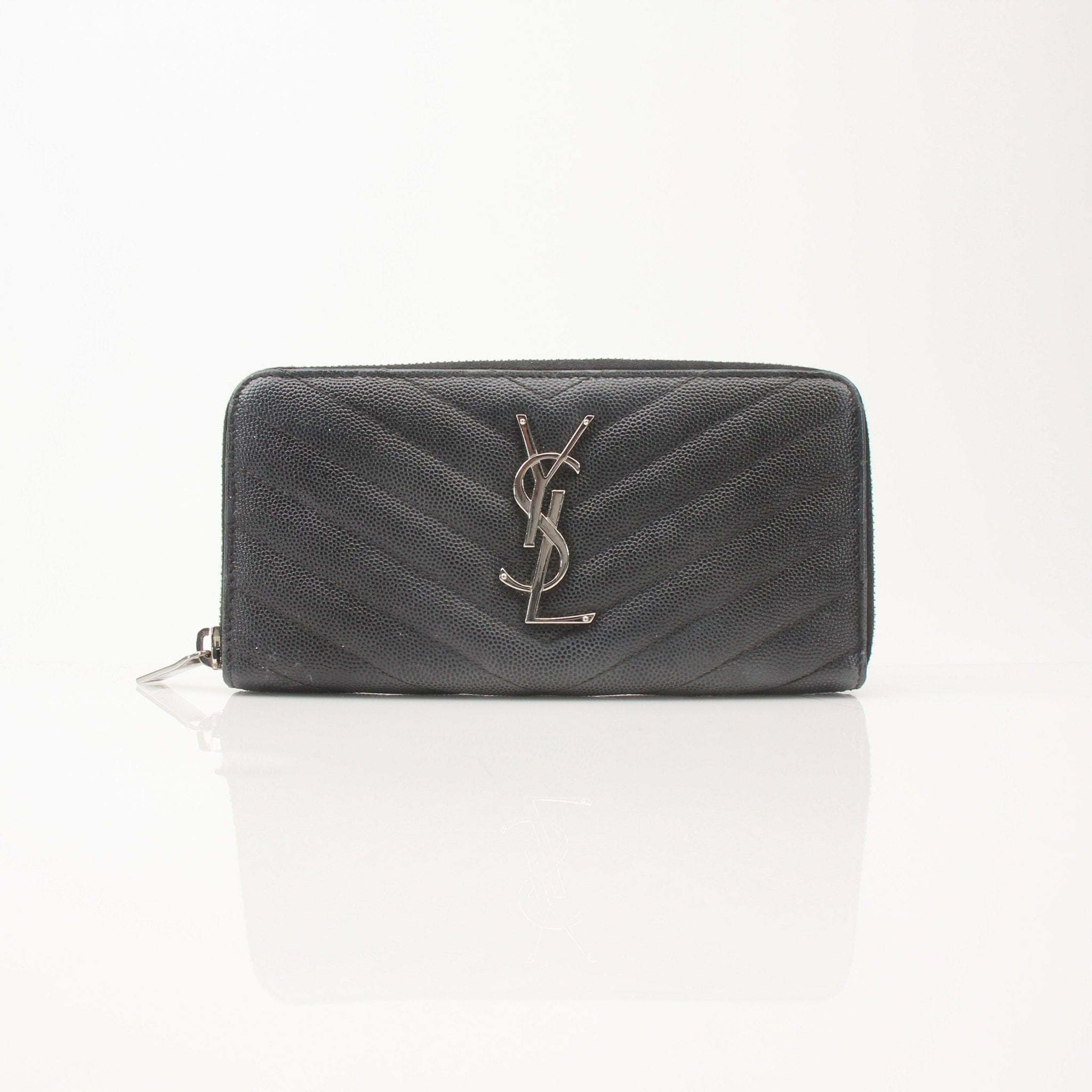 Gold & Beyond Yves Saint Laurent Chevron Wallet with black leather and gold-tone hardware, front flap with logo plaque.