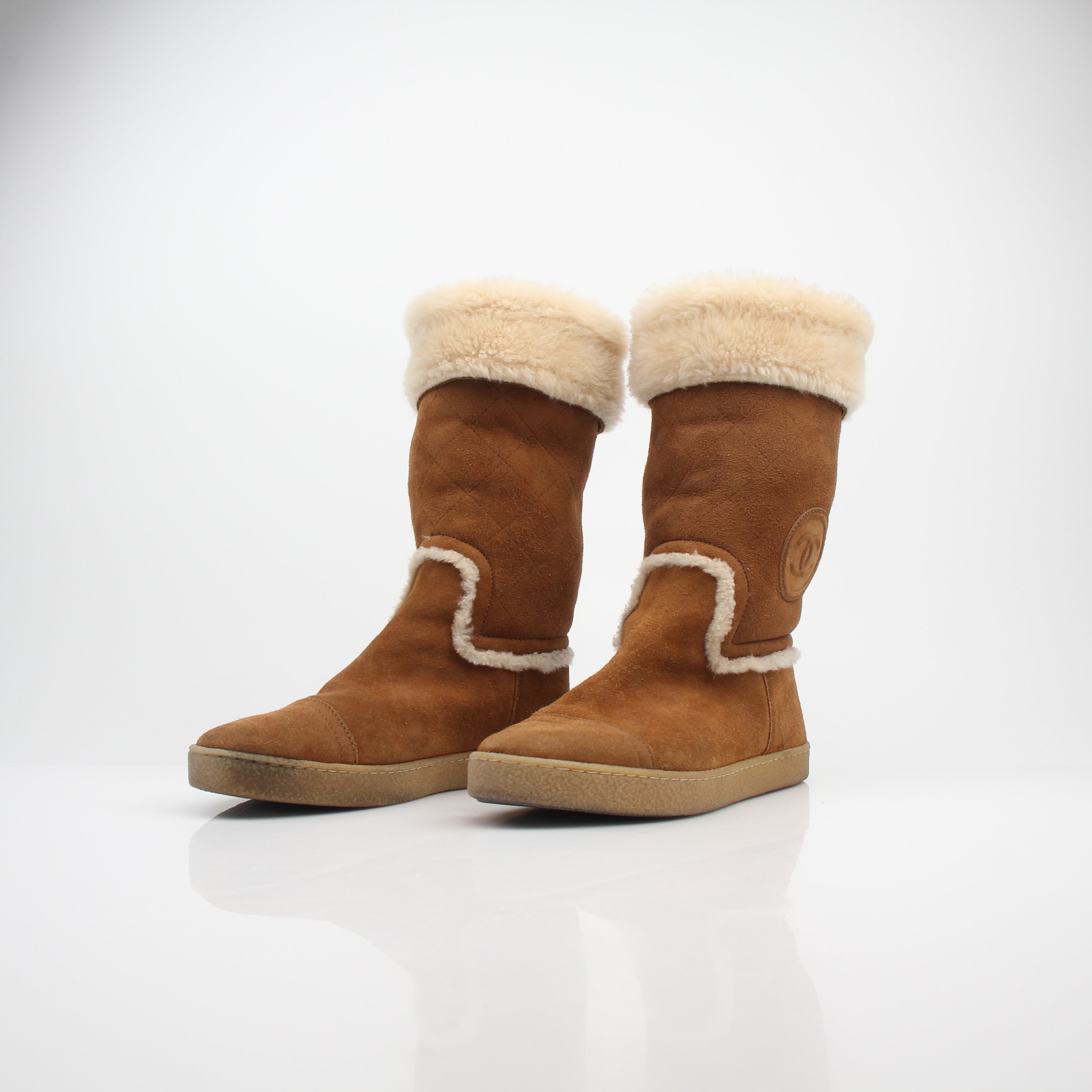 Chanel Women's Suede Shearling CC Mid-Calf Boots