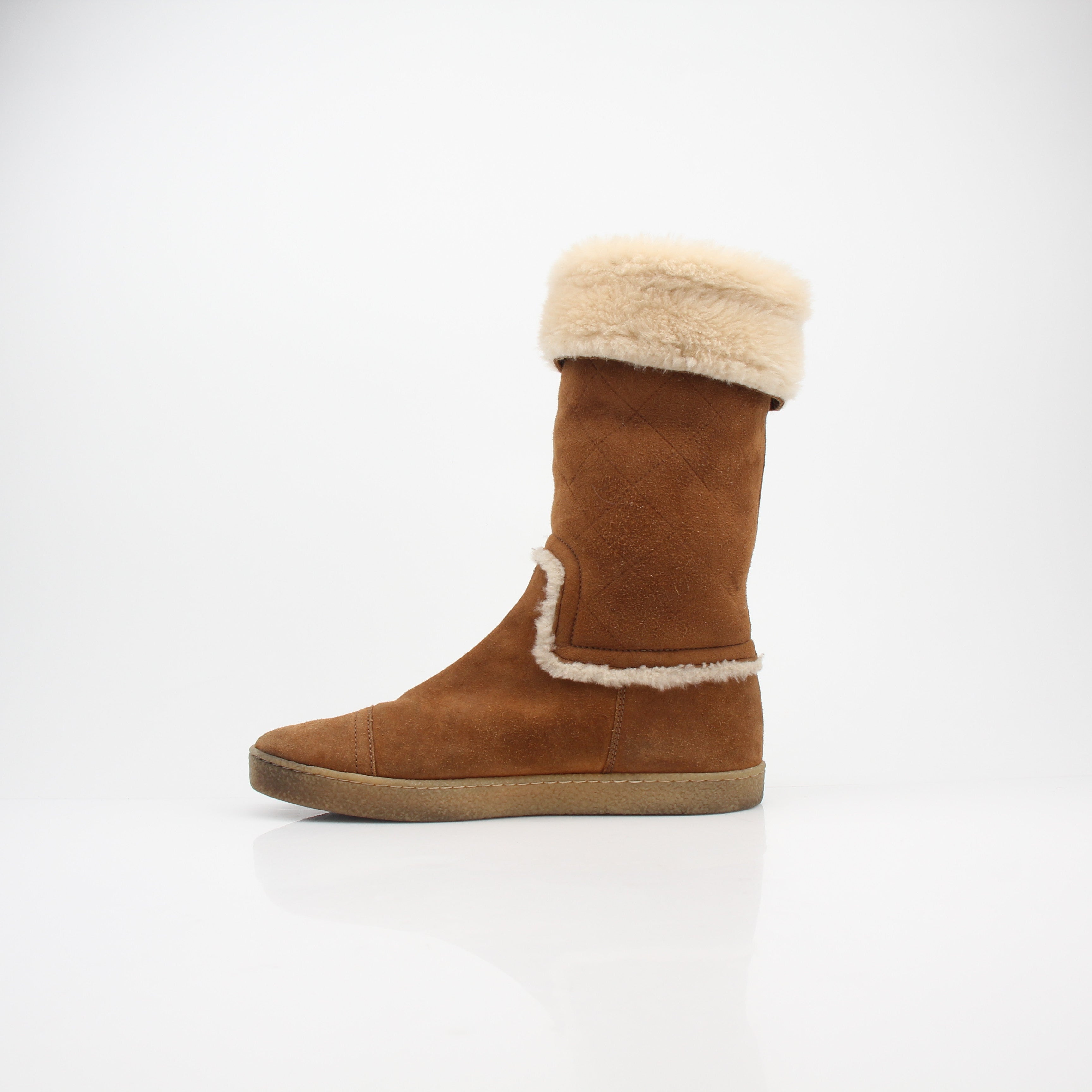 Chanel Women's Suede Shearling CC Mid-Calf Boots
