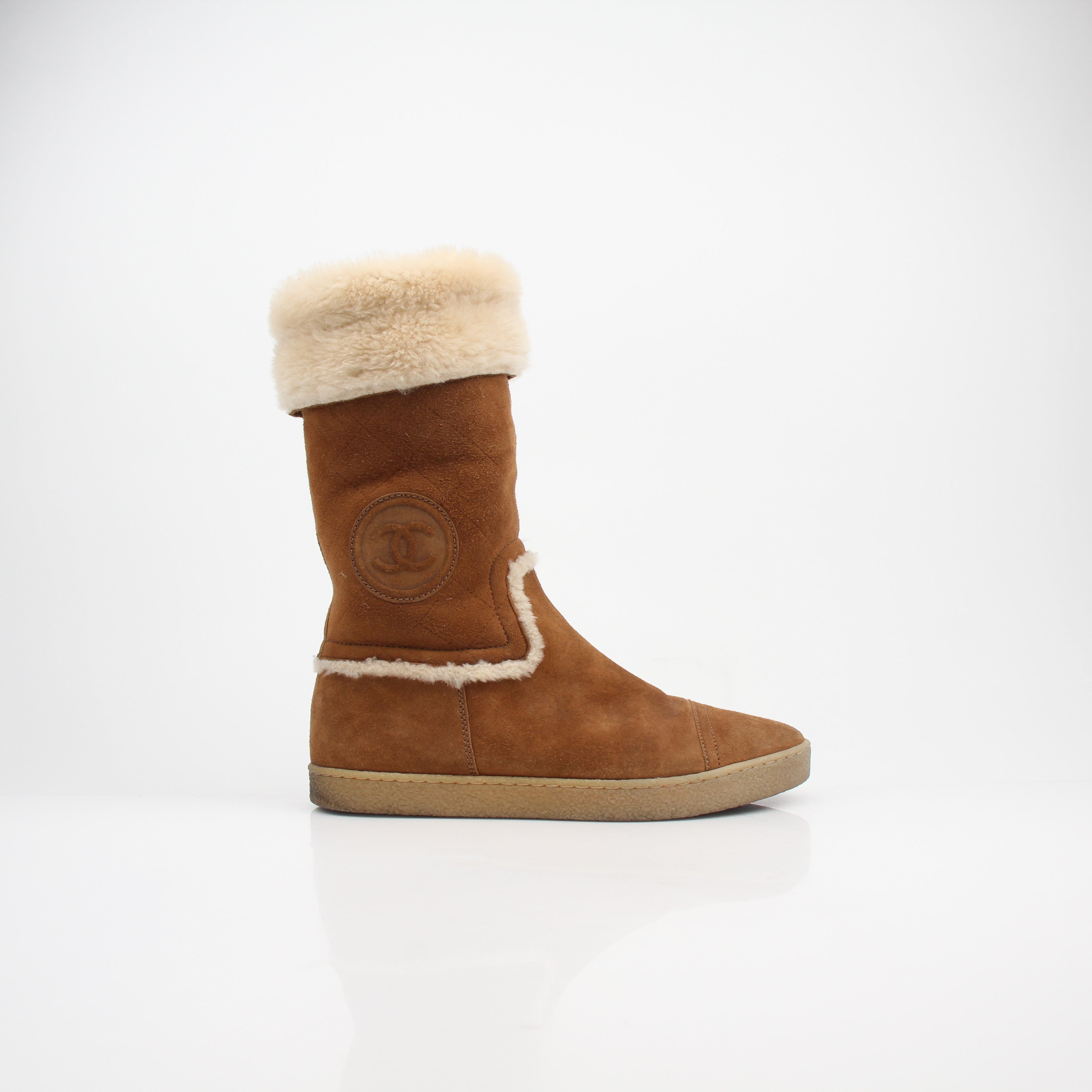 Chanel Women's Suede Shearling CC Mid-Calf Boots
