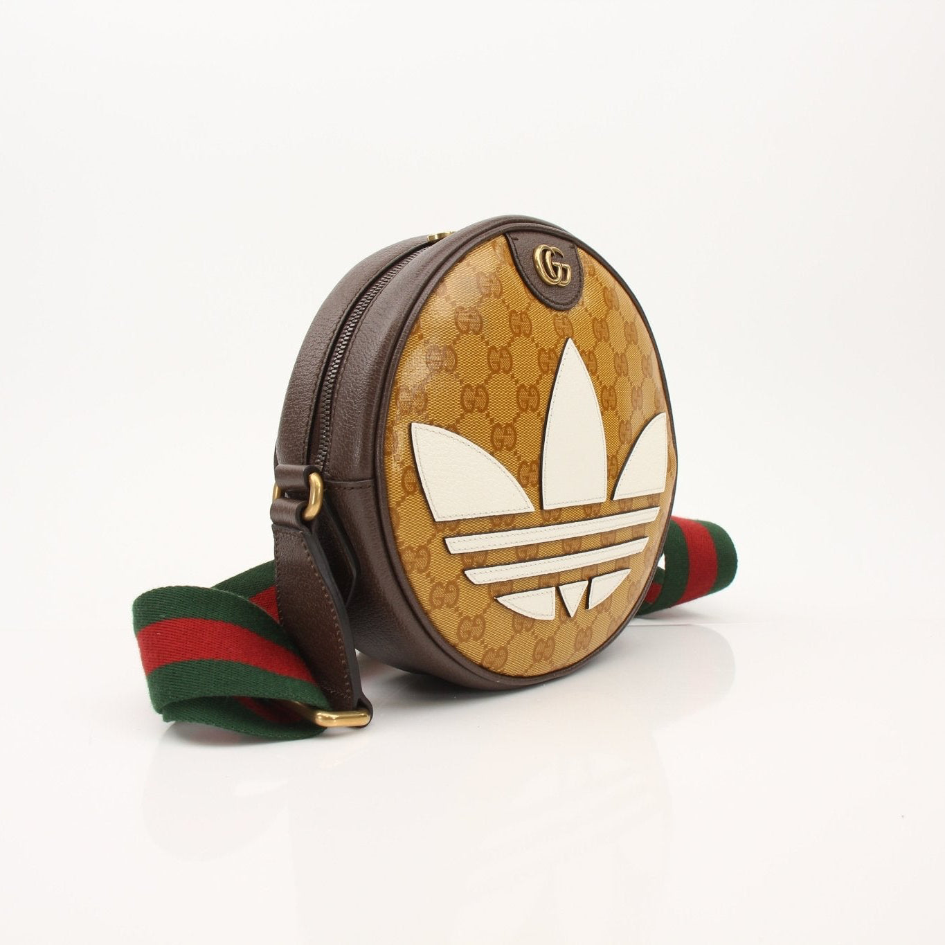 Gucci x Adidas round shoulder handbag by Gold & Beyond, stylish beige and brown leather handbag with logo accents.