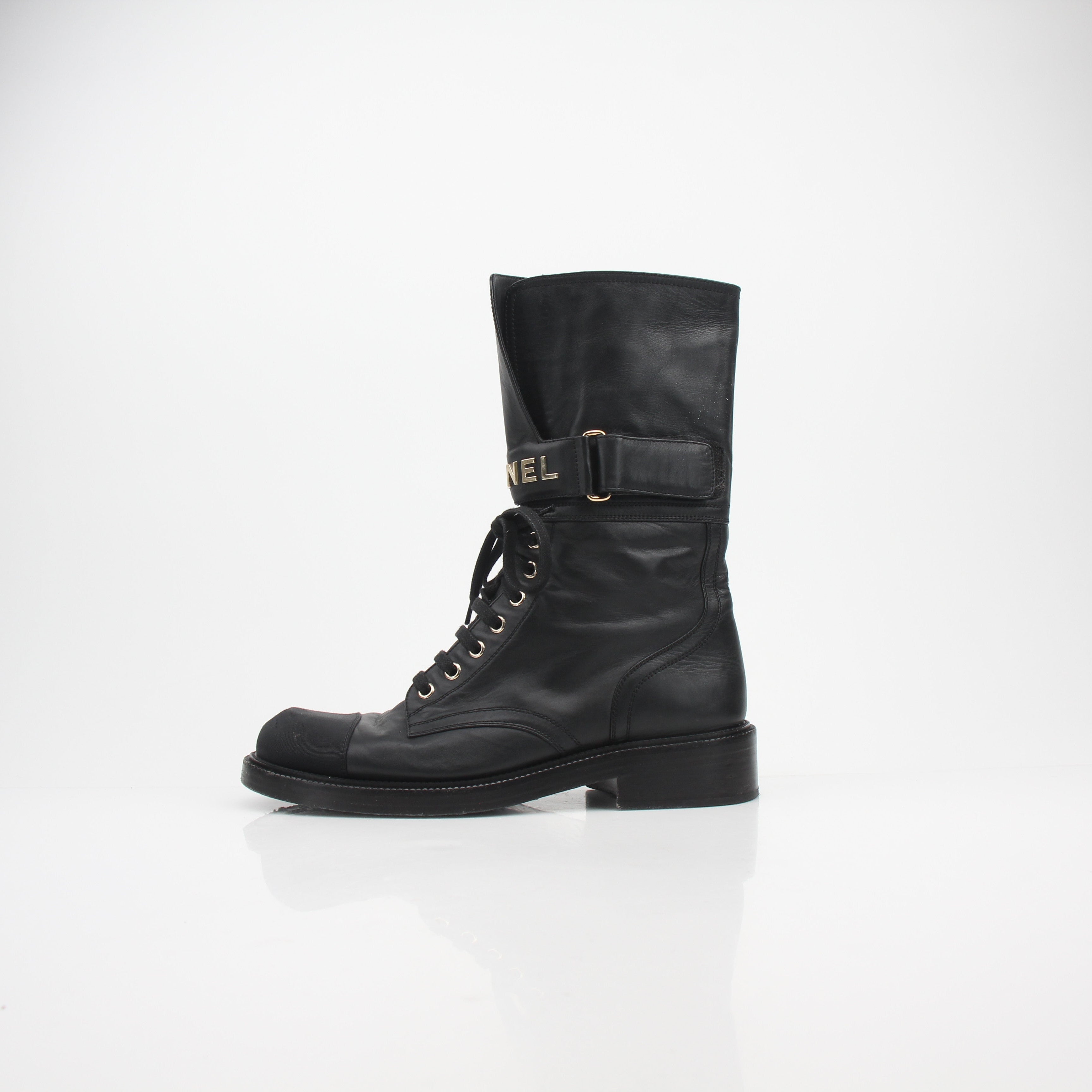 Chanel Shiny Calfskin Lace-Up Combat Boots