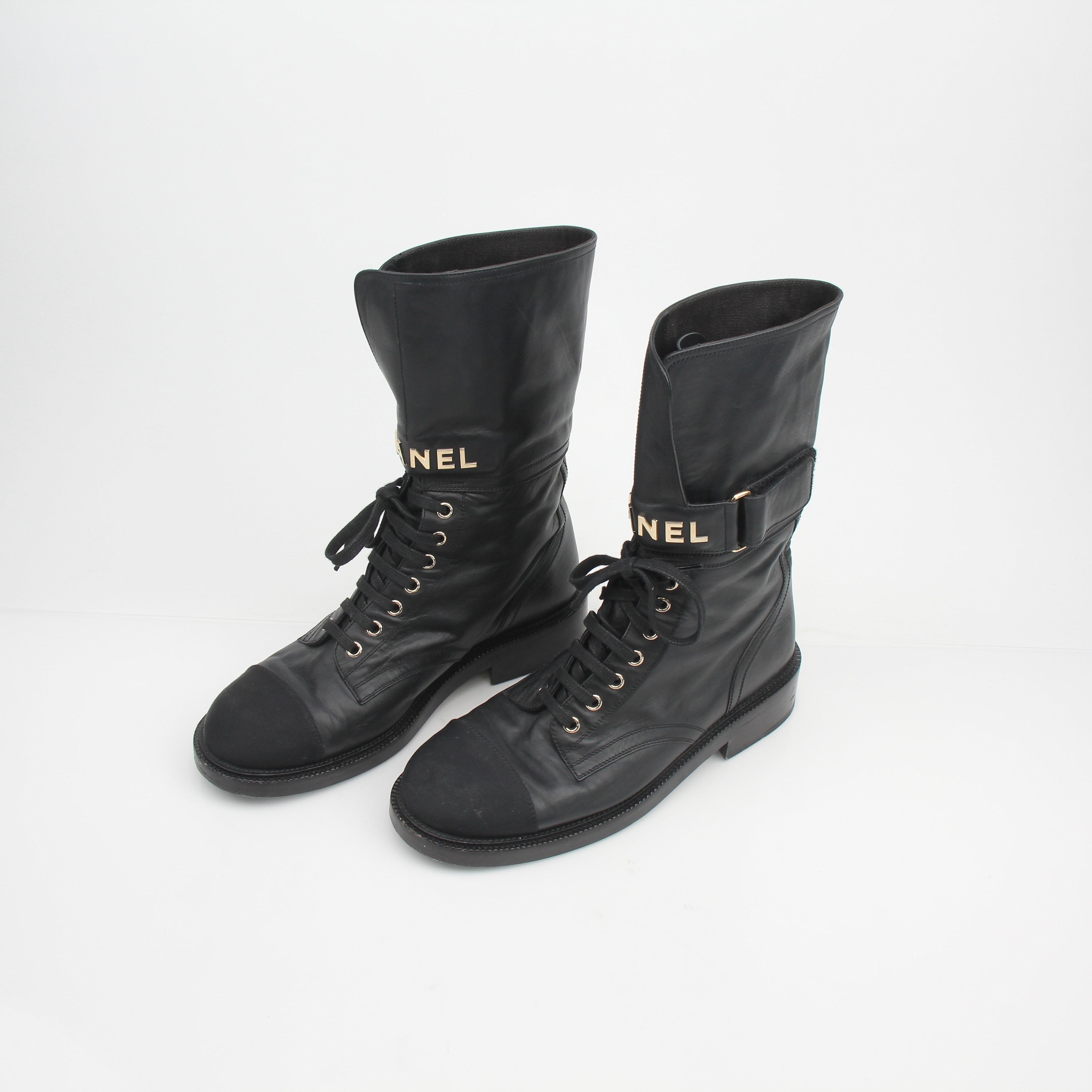 Chanel Shiny Calfskin Lace-Up Combat Boots