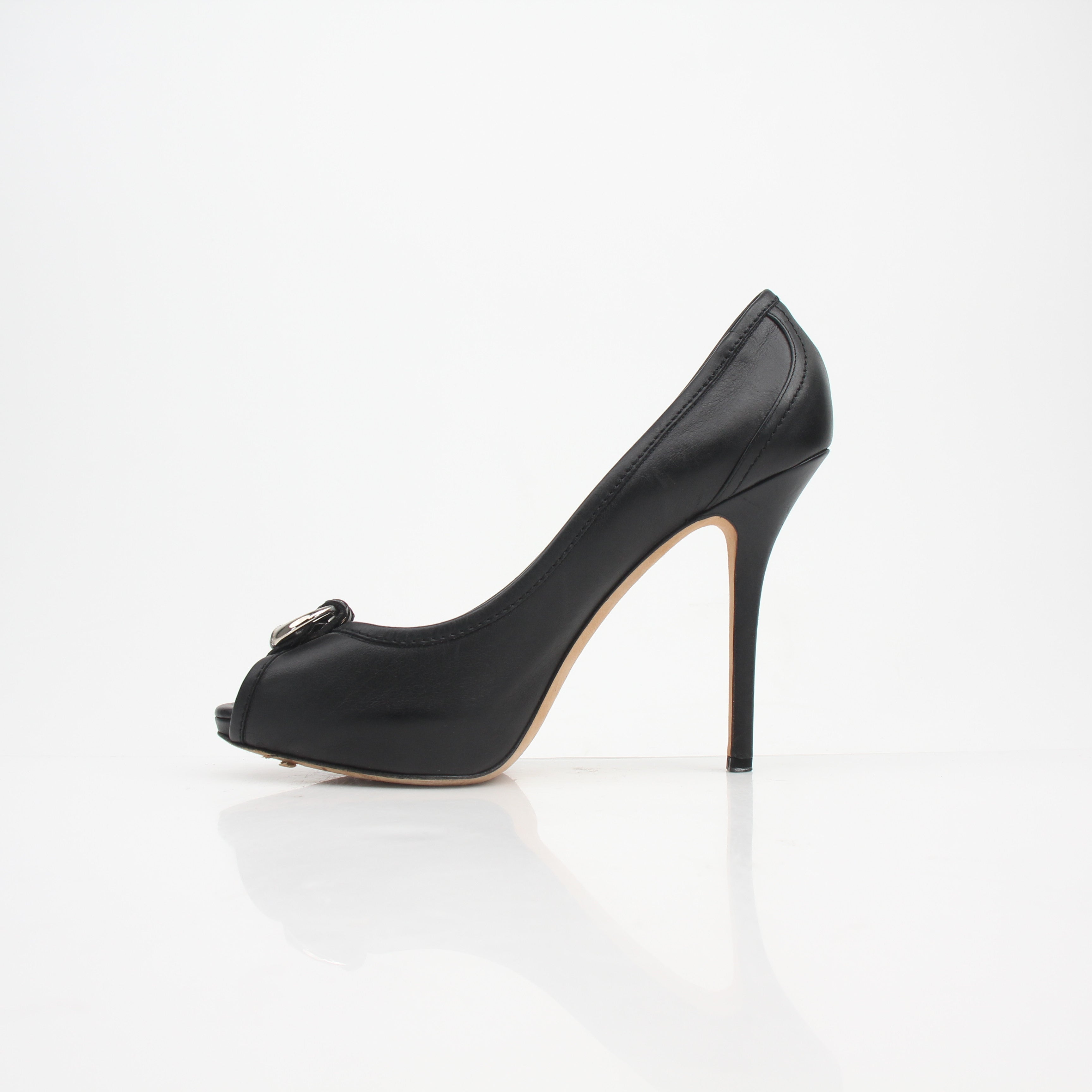 Christian Dior Buckle Black Leather Peep Toe Heels