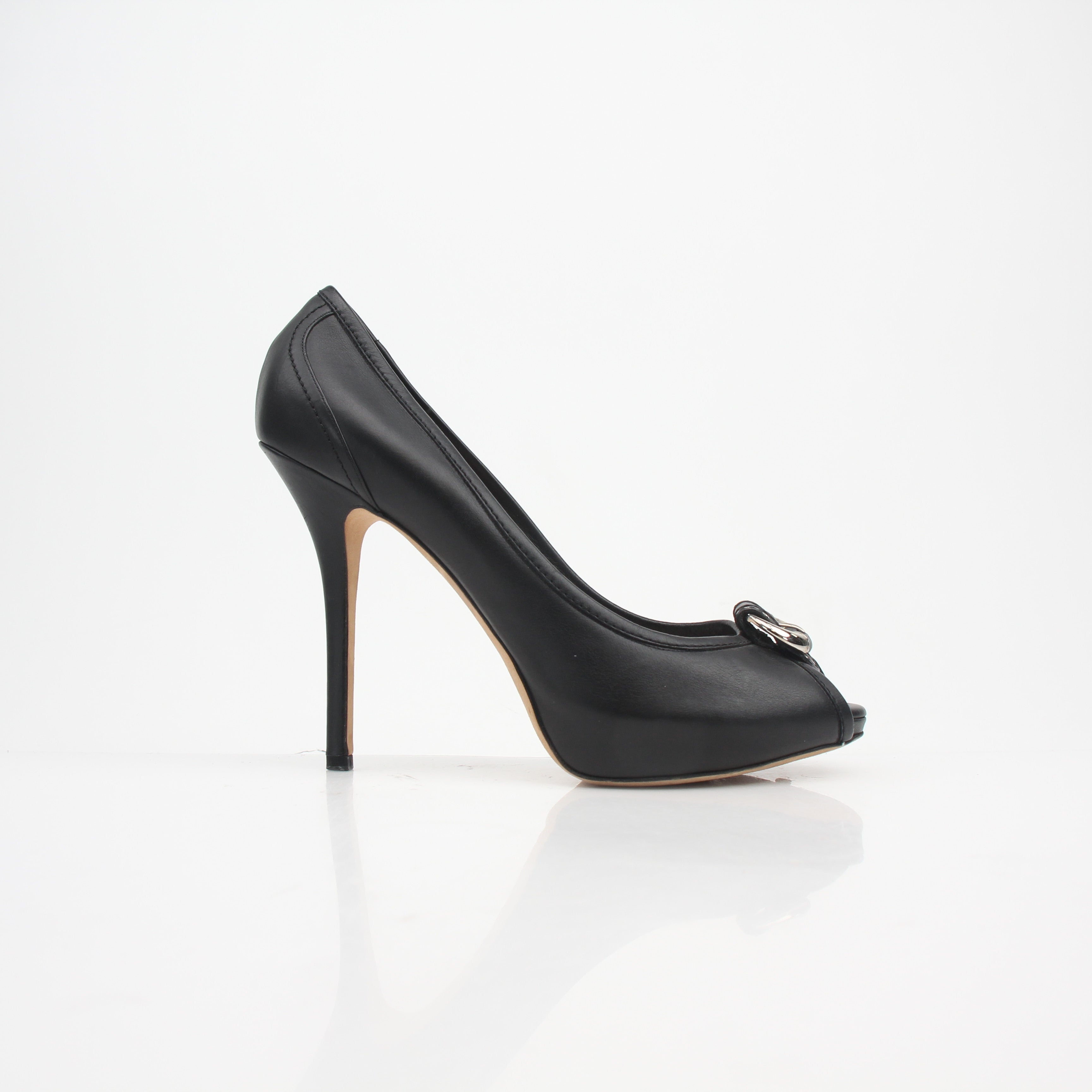 Christian Dior Buckle Black Leather Peep Toe Heels