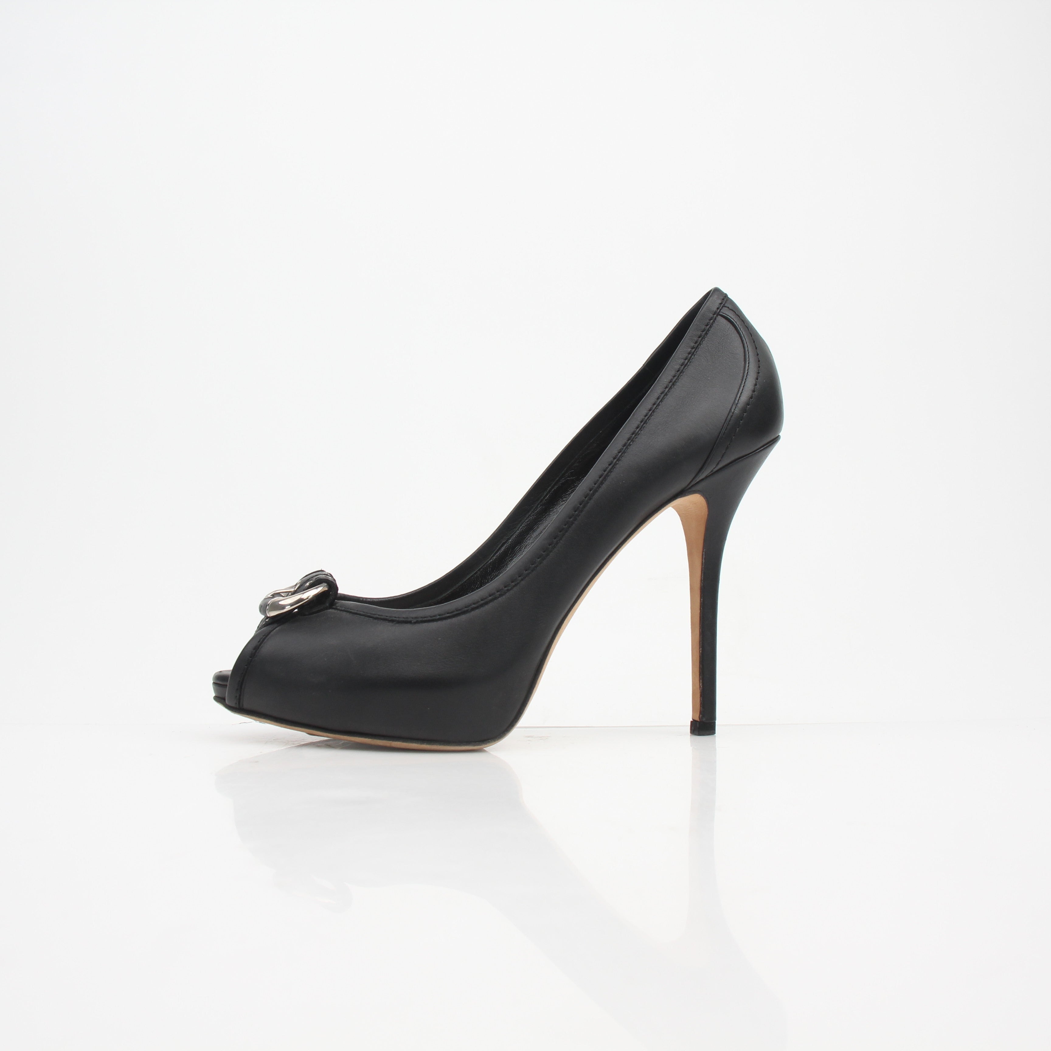Christian Dior Buckle Black Leather Peep Toe Heels