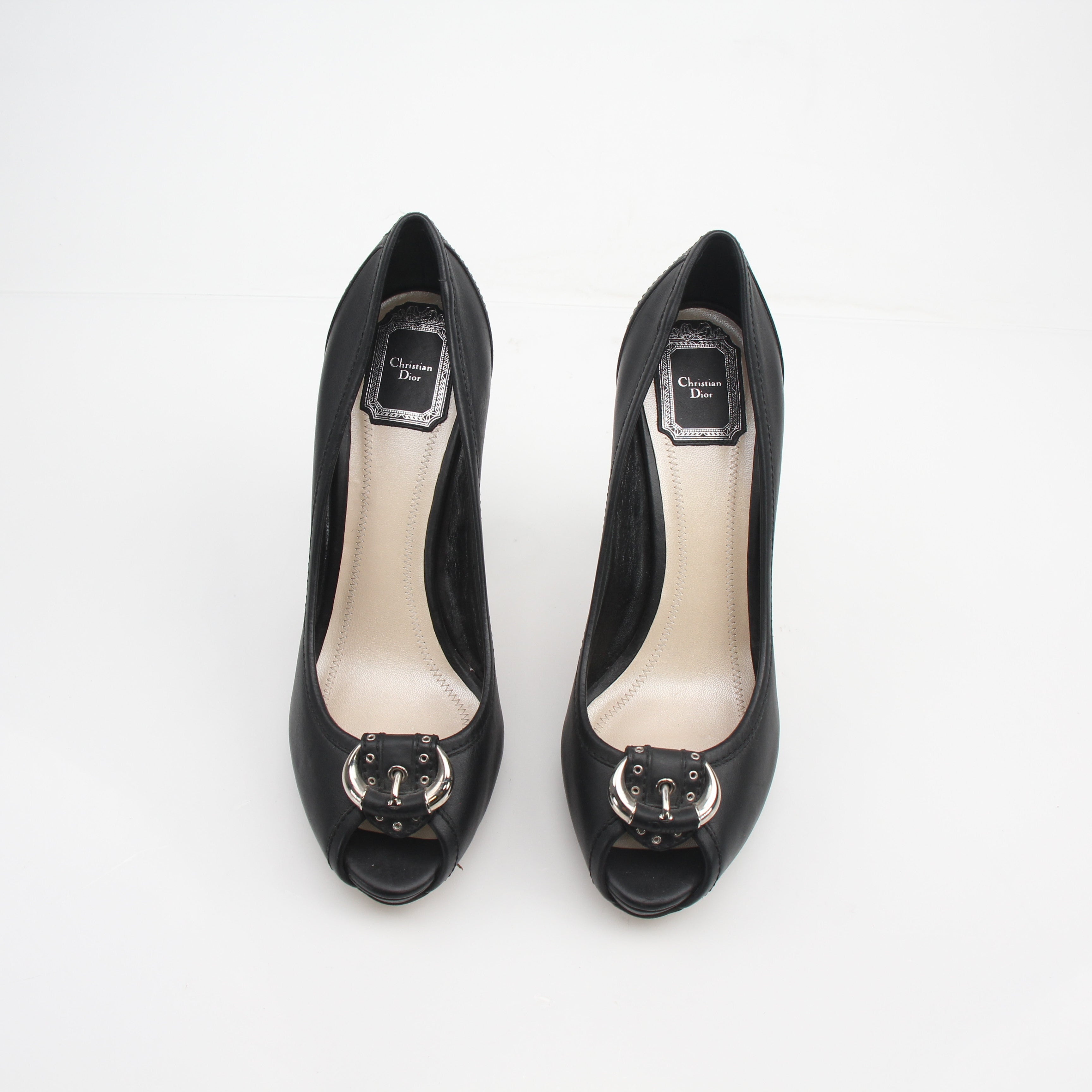 Christian Dior Buckle Black Leather Peep Toe Heels
