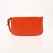 Louis Vuitton Epi Pochette handbag in textured leather with gold hardware, featuring a compact design and elegant style.