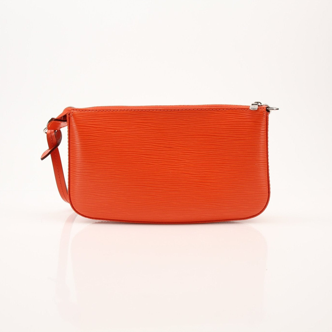 Louis Vuitton Epi Pochette handbag in textured leather with gold hardware, featuring a compact design and elegant style.