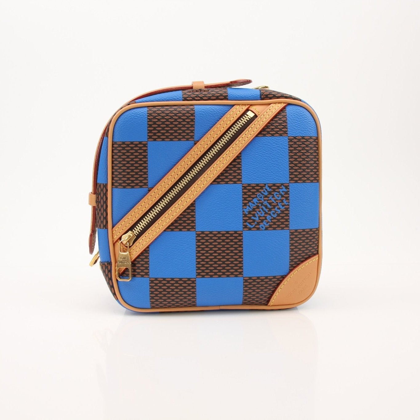 Louis Vuitton Damier Chess Messenger Bag, Gold & Beyond handbag with classic checkered pattern and leather strap, front view.