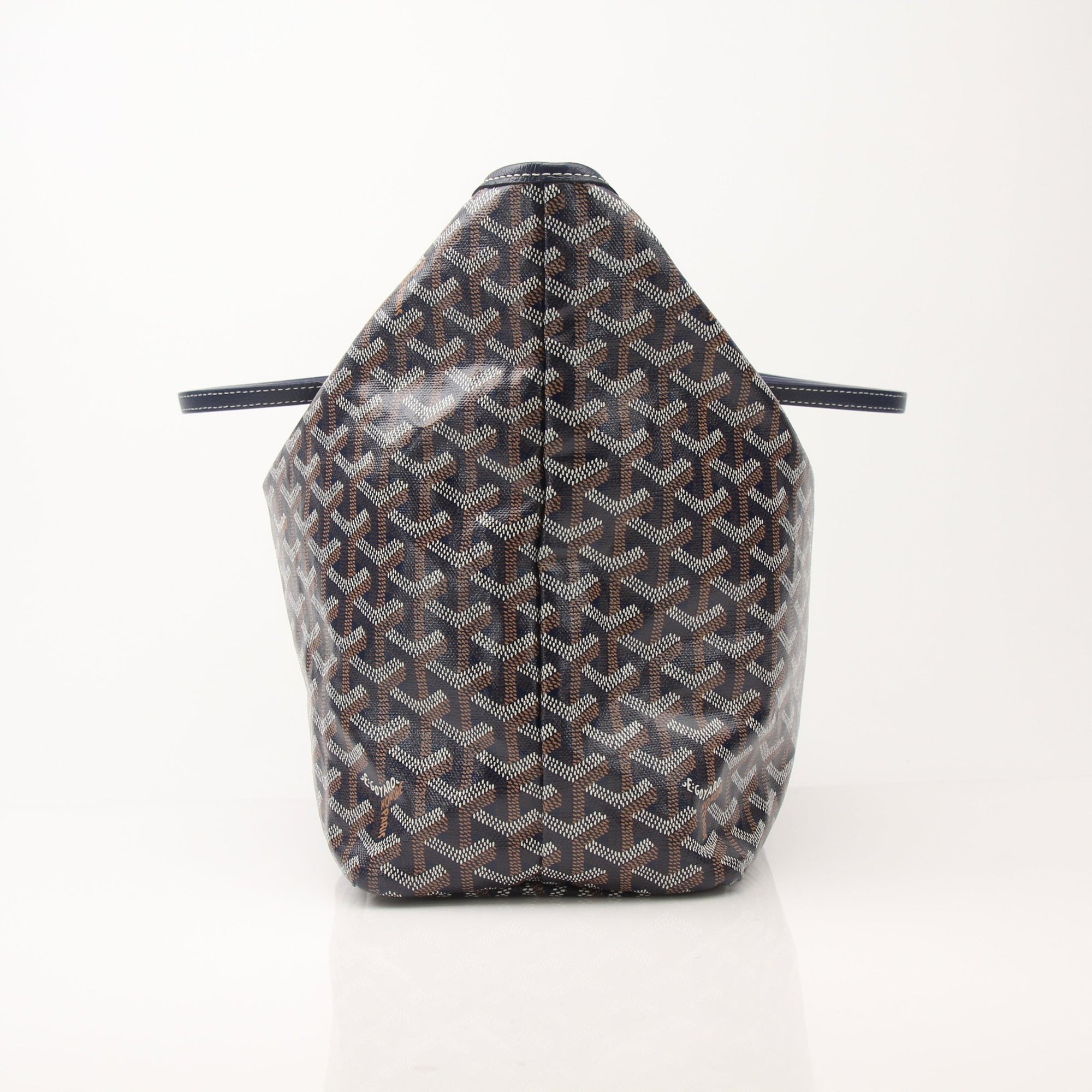 Goyard Saint Louis PM tote handbag with beige canvas and leather handles, featuring Goyard signature pattern and gold hardware.