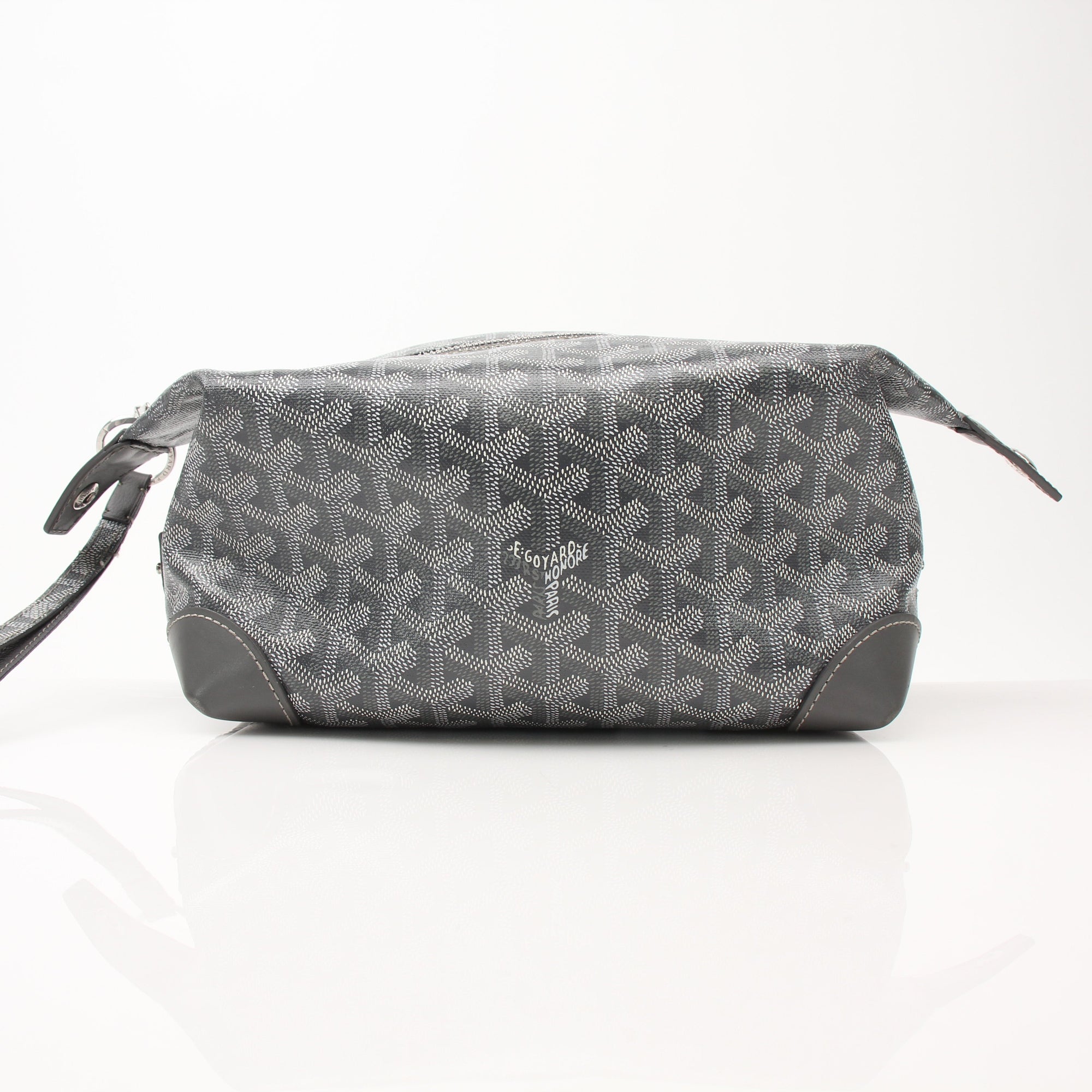 Goyard Boeing 25 Toiletry Bag vanity case in green with leather trim, gold hardware, and zipper closure, stylish travel accessory.