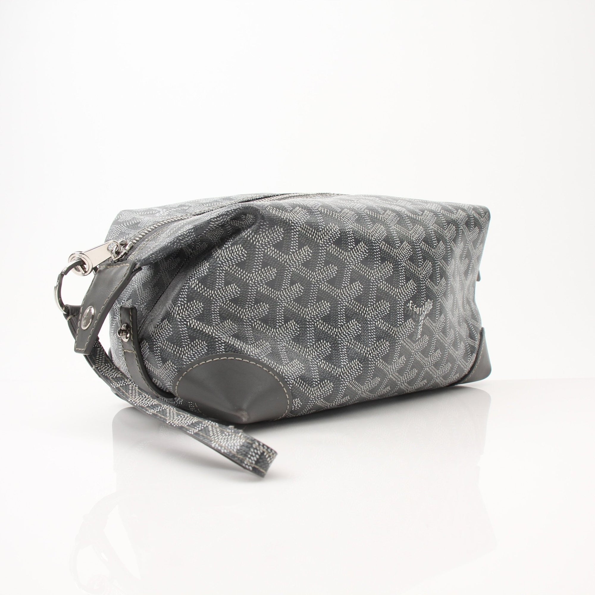 Gold & Beyond Goyard Boeing 25 Toiletry Bag vanity case with signature patterned canvas and leather accents, open with interior compartments visible.