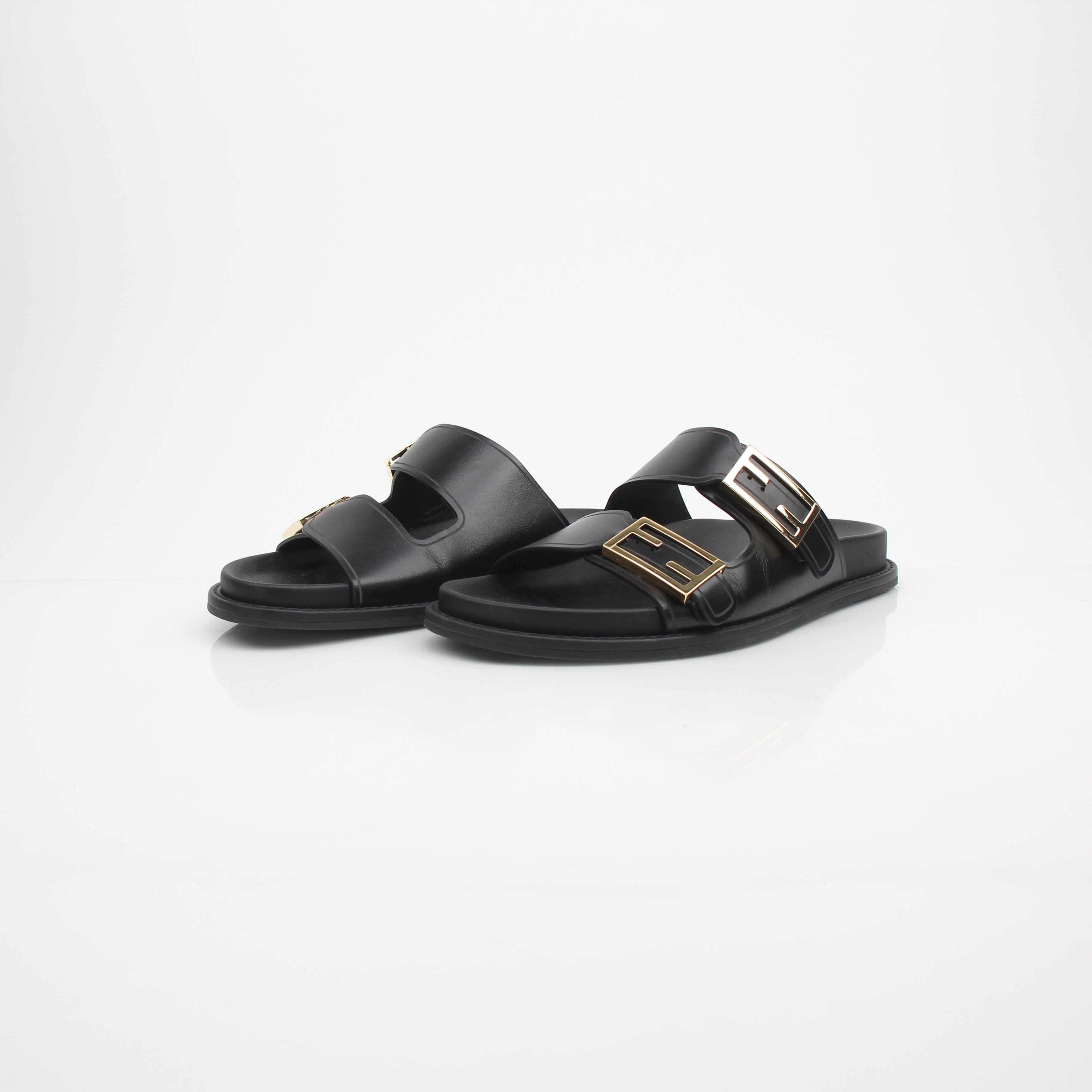 Fendi Women’s Vitello Fendi Feel Buckled Slide Sandals